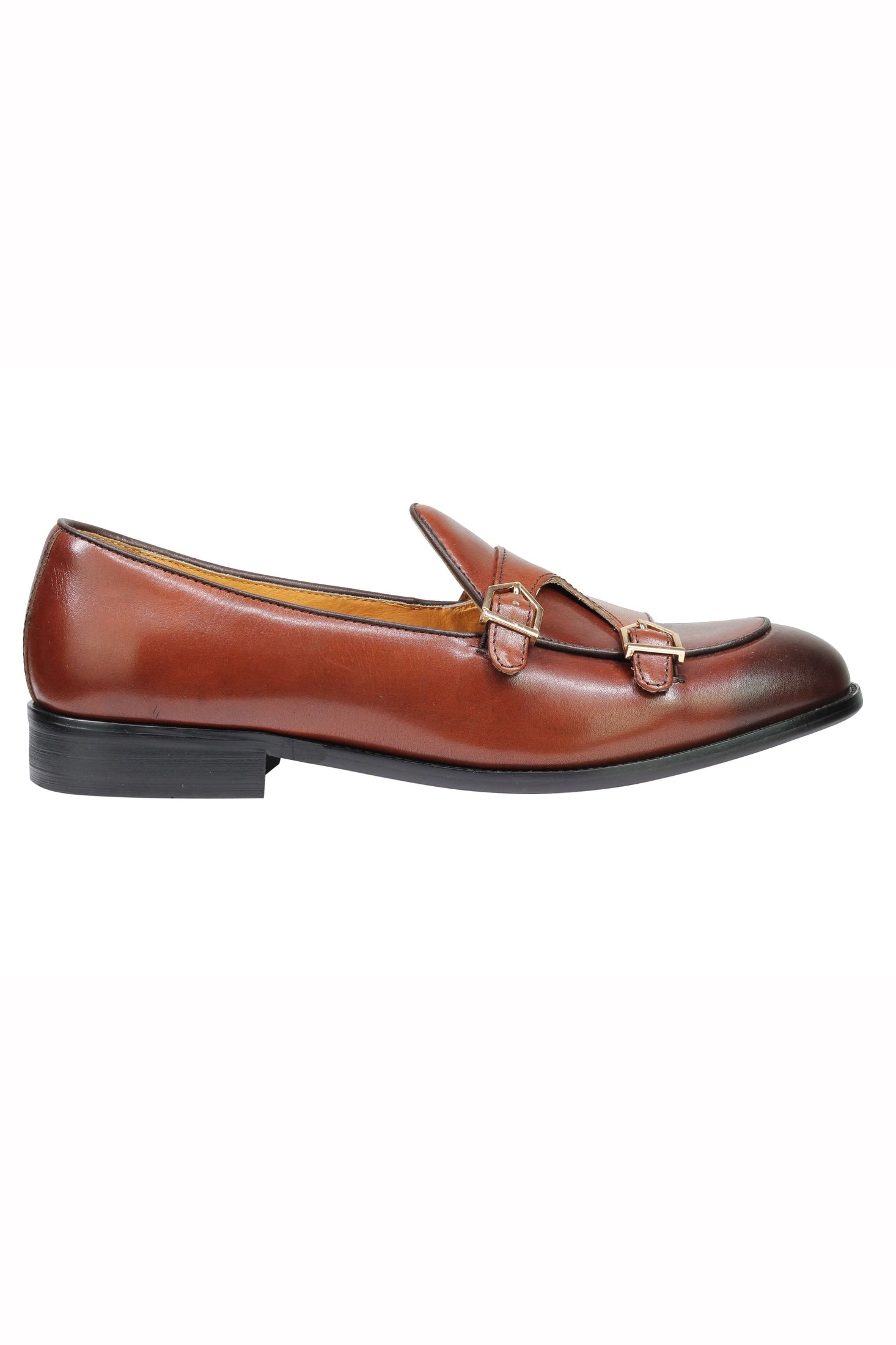 Real Leather Double Monk Retro Loafers Brown