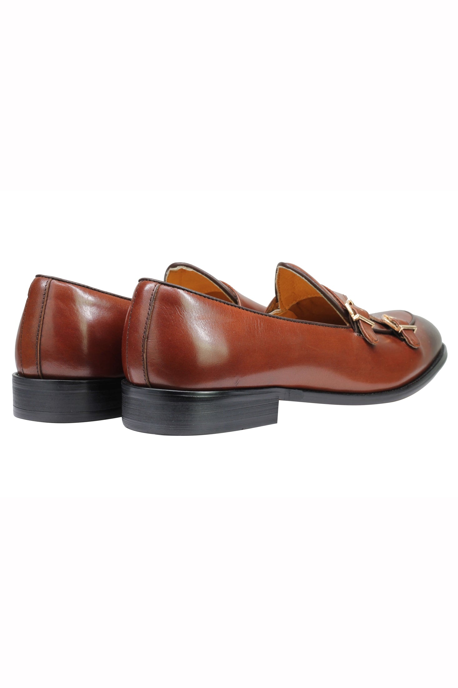 Real Leather Double Monk Retro Loafers Brown