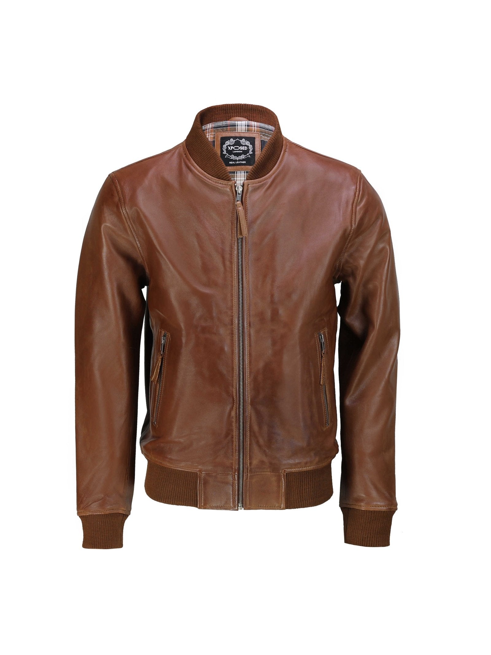 XPOSED Mens Tan Soft Real Leather Smart Casual Vintage Bomber Biker Style Jacket