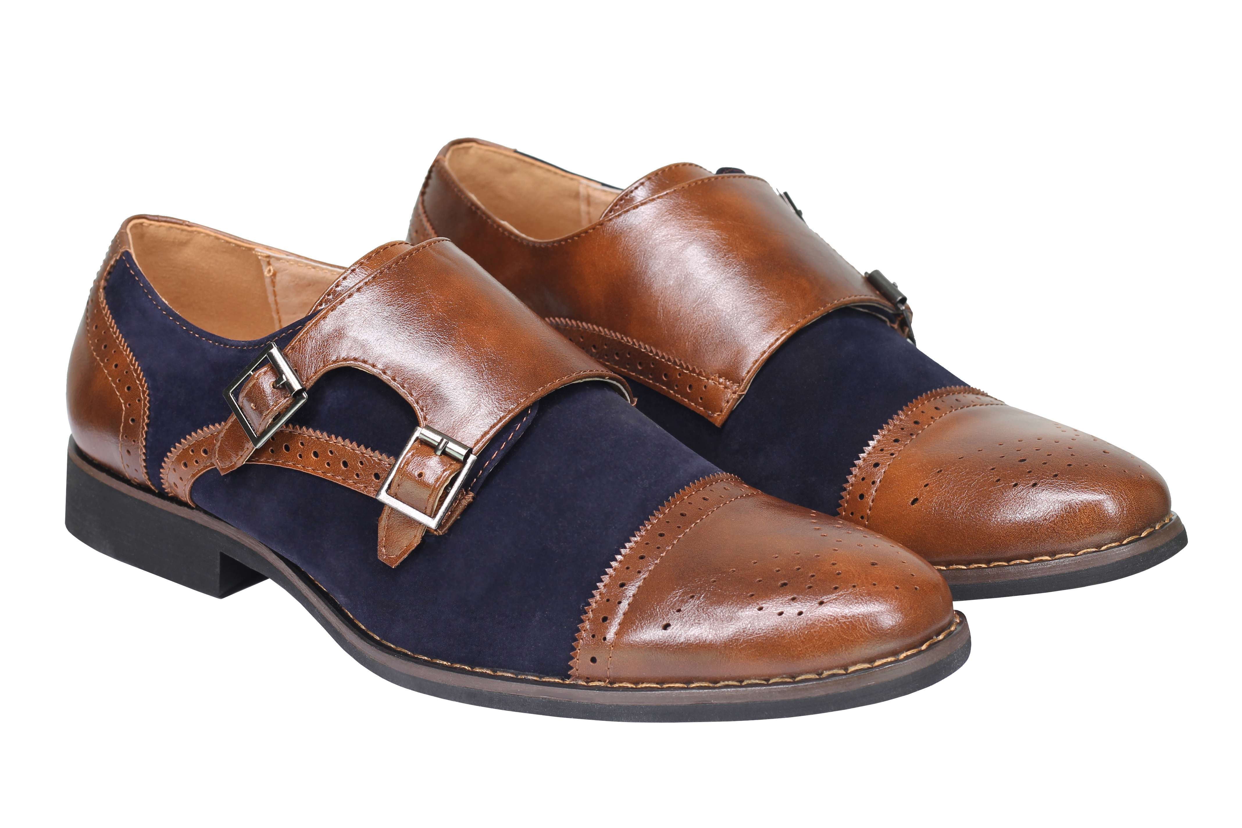 Mens Suede Leather Lined Monk Strap Shoes Classic Double Buckle Slip on Brogues