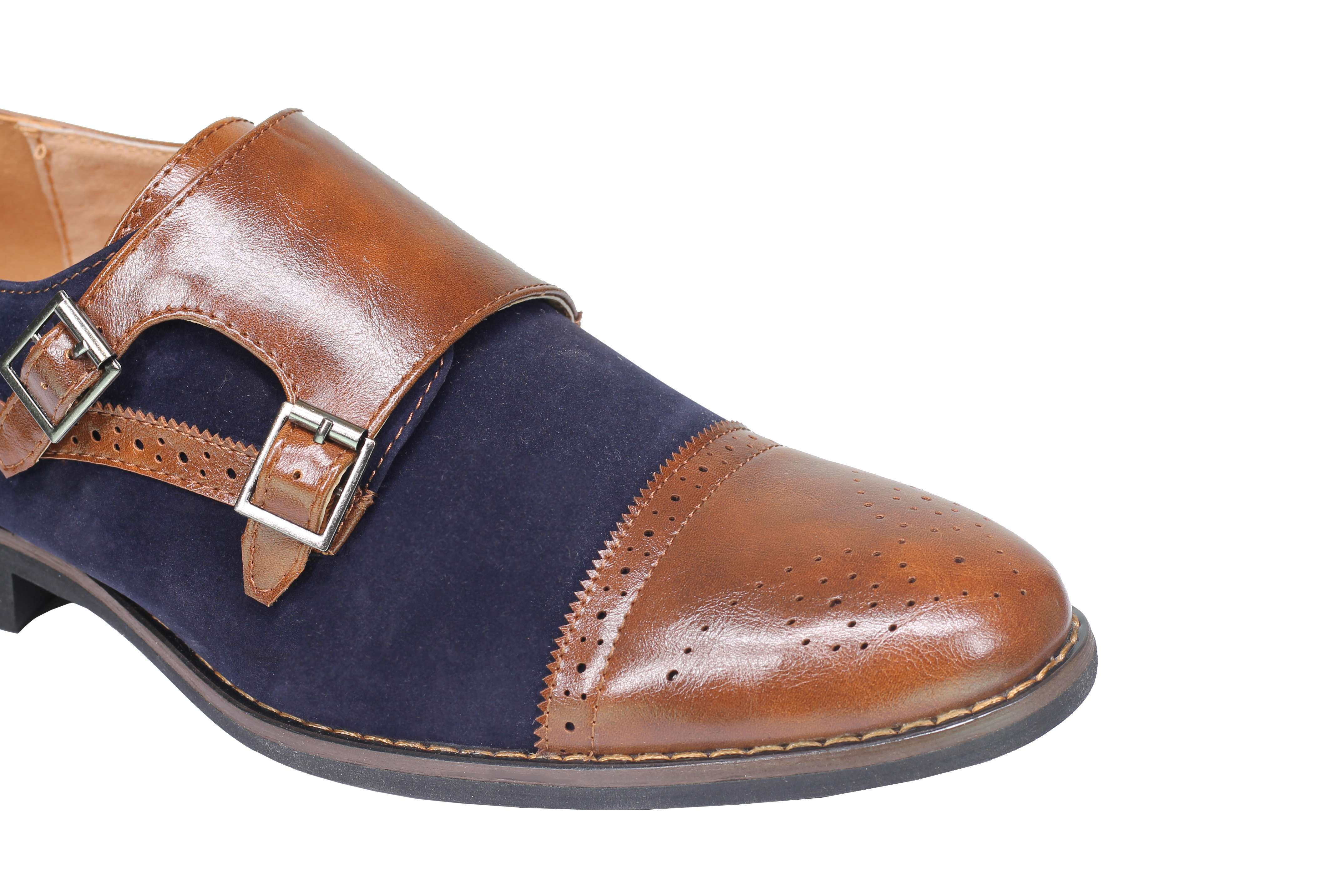 Mens Suede Leather Lined Monk Strap Shoes Classic Double Buckle Slip on Brogues