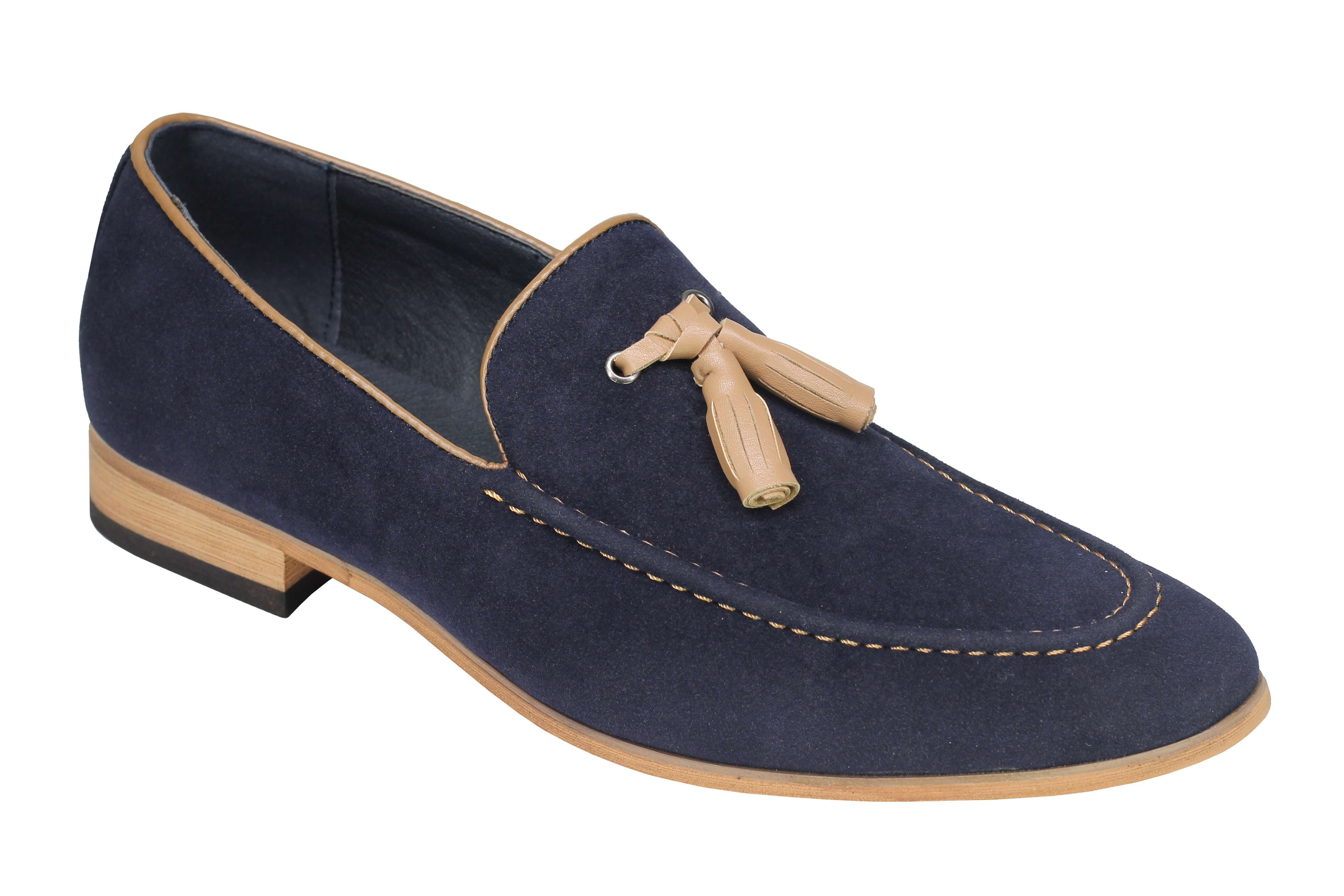 Mens Classic Retro Two Tone Leather Lined Slip on Suede Tassel Loafers Shoes
