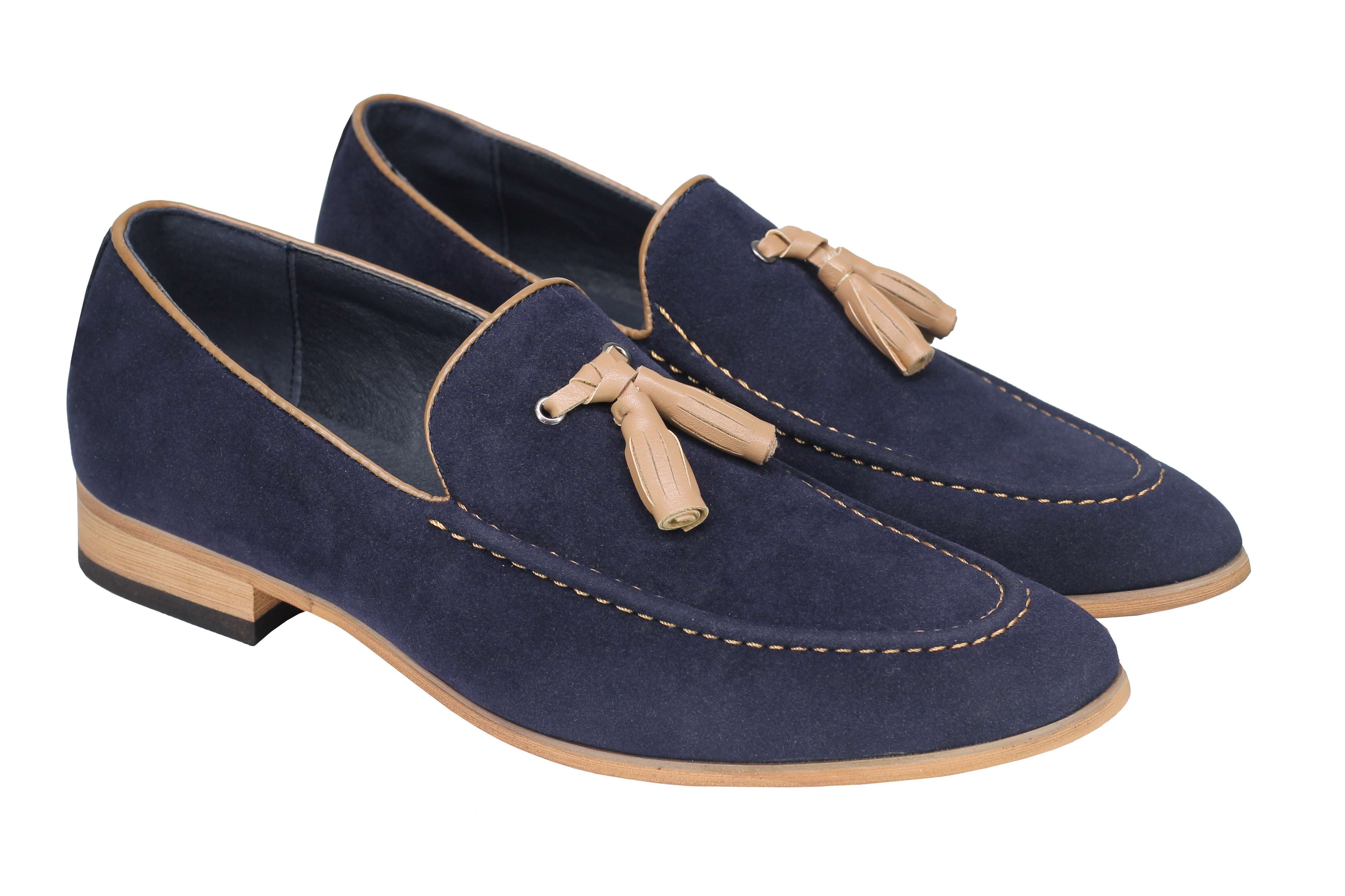 Mens Classic Retro Two Tone Leather Lined Slip on Suede Tassel Loafers Shoes