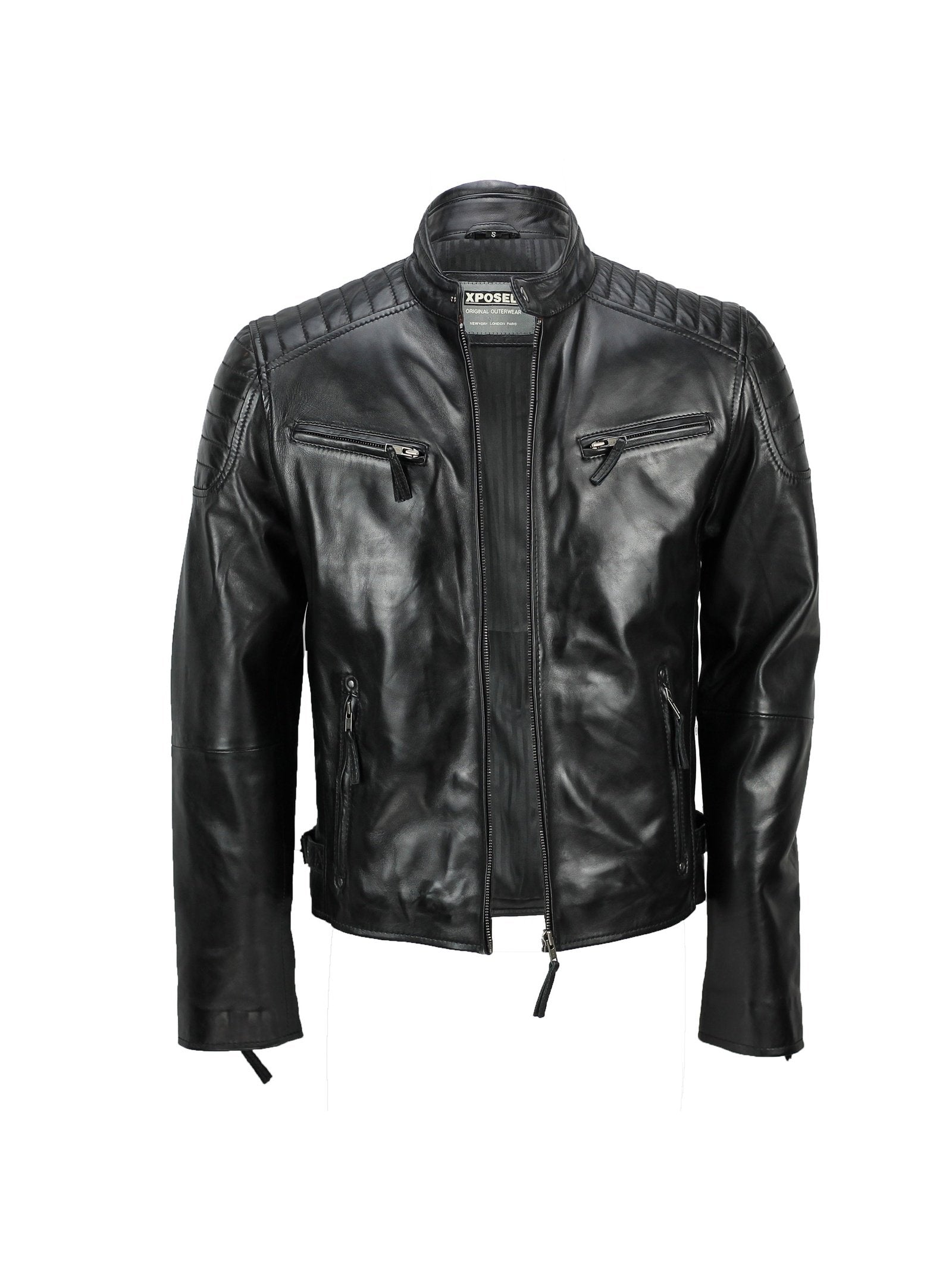 MensReal Soft Leather Slim Fit Black Retro Zip Urban Smart Casual Biker Jacket