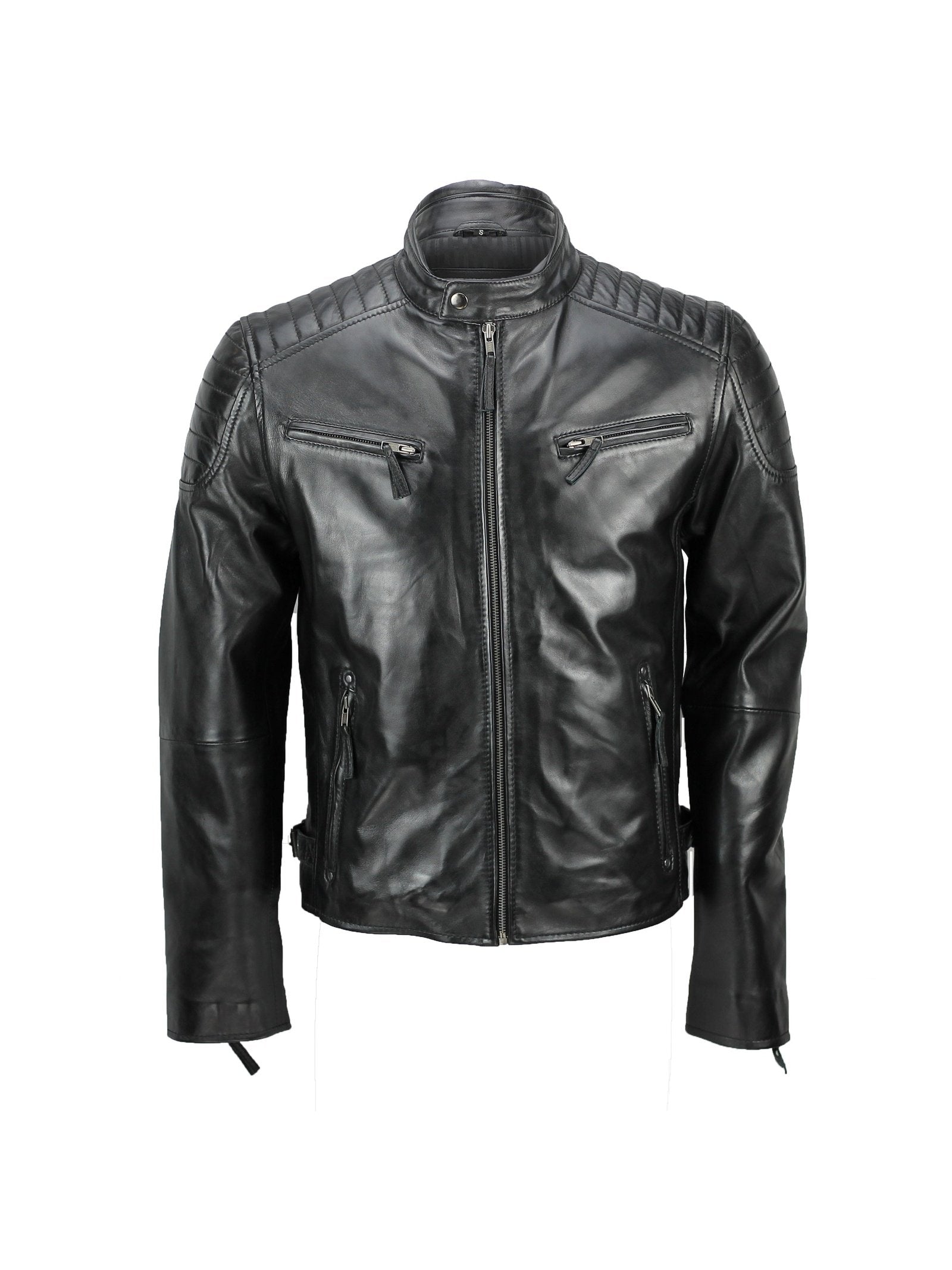 MensReal Soft Leather Slim Fit Black Retro Zip Urban Smart Casual Biker Jacket