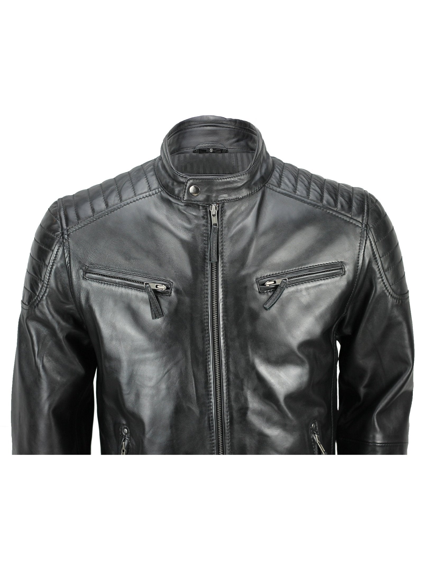 MensReal Soft Leather Slim Fit Black Retro Zip Urban Smart Casual Biker Jacket