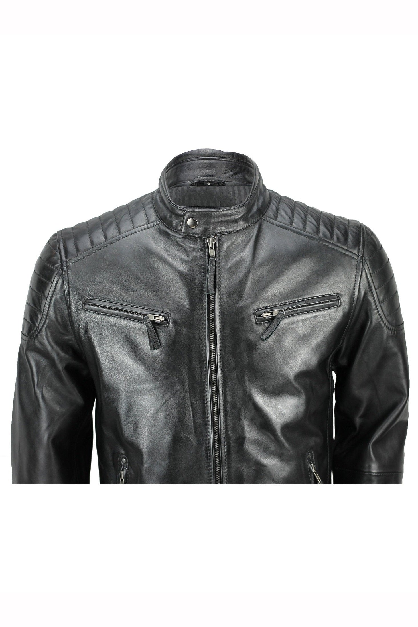 MensReal Soft Leather Slim Fit Black Retro Zip Urban Smart Casual Biker Jacket