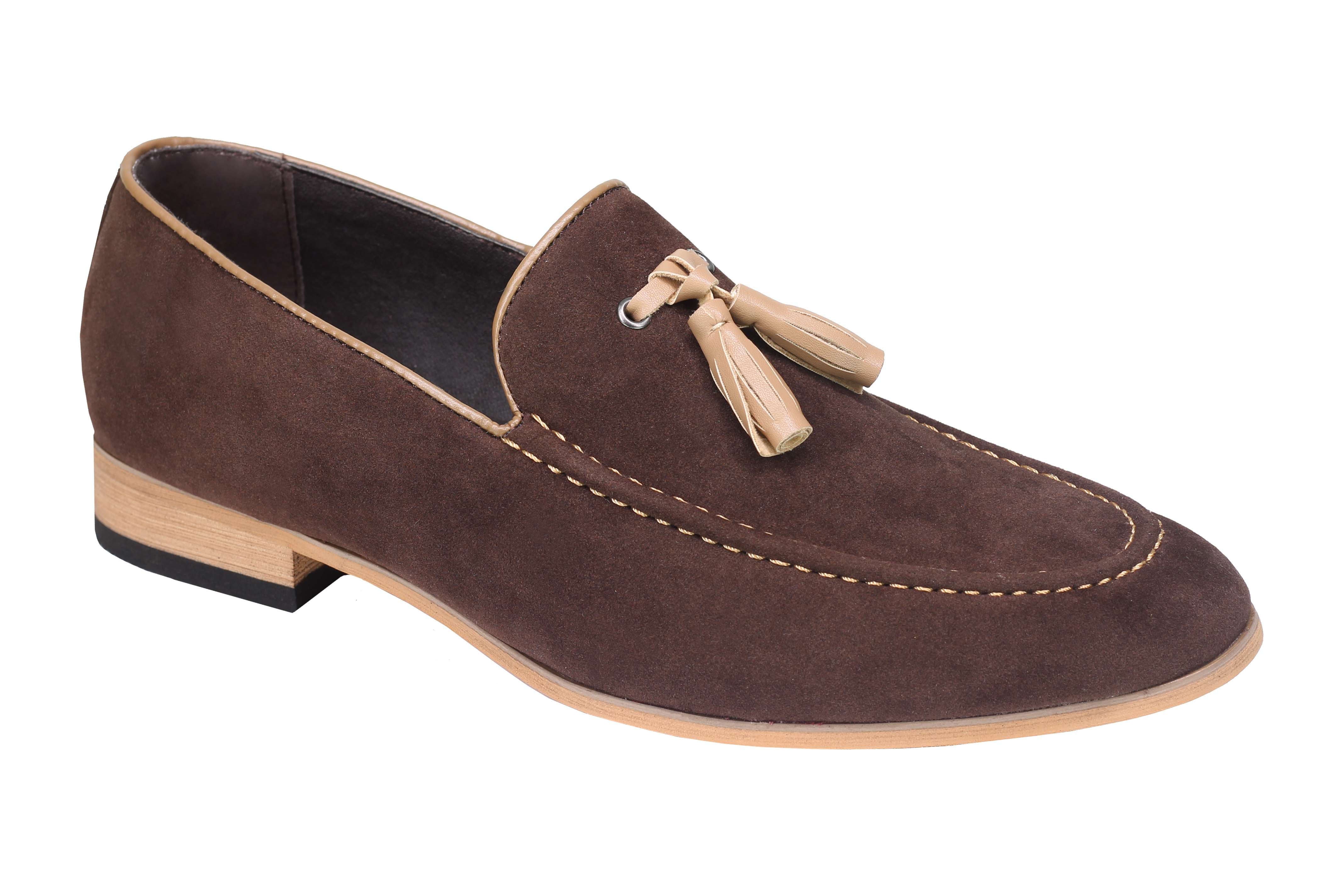 Mens Classic Retro Two Tone Leather Lined Slip on Suede Tassel Loafers Shoes