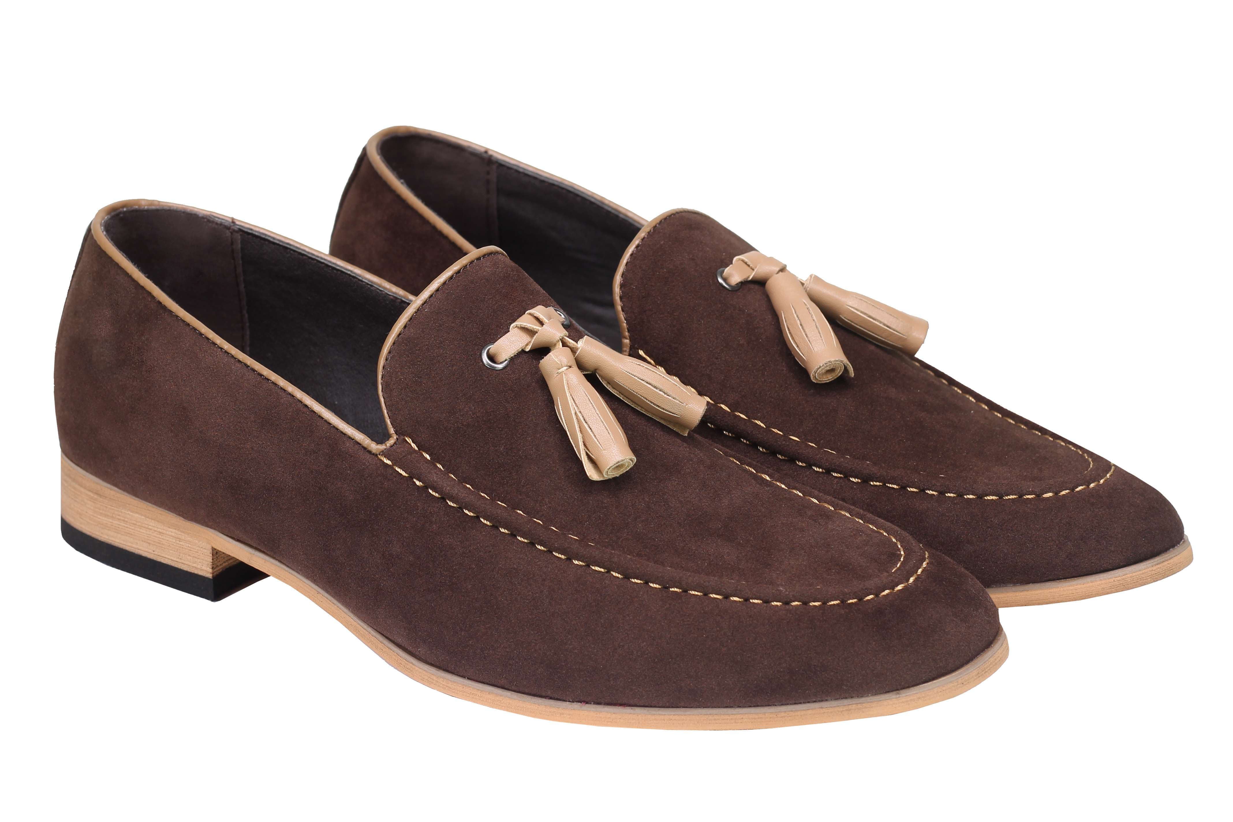 Mens Classic Retro Two Tone Leather Lined Slip on Suede Tassel Loafers Shoes