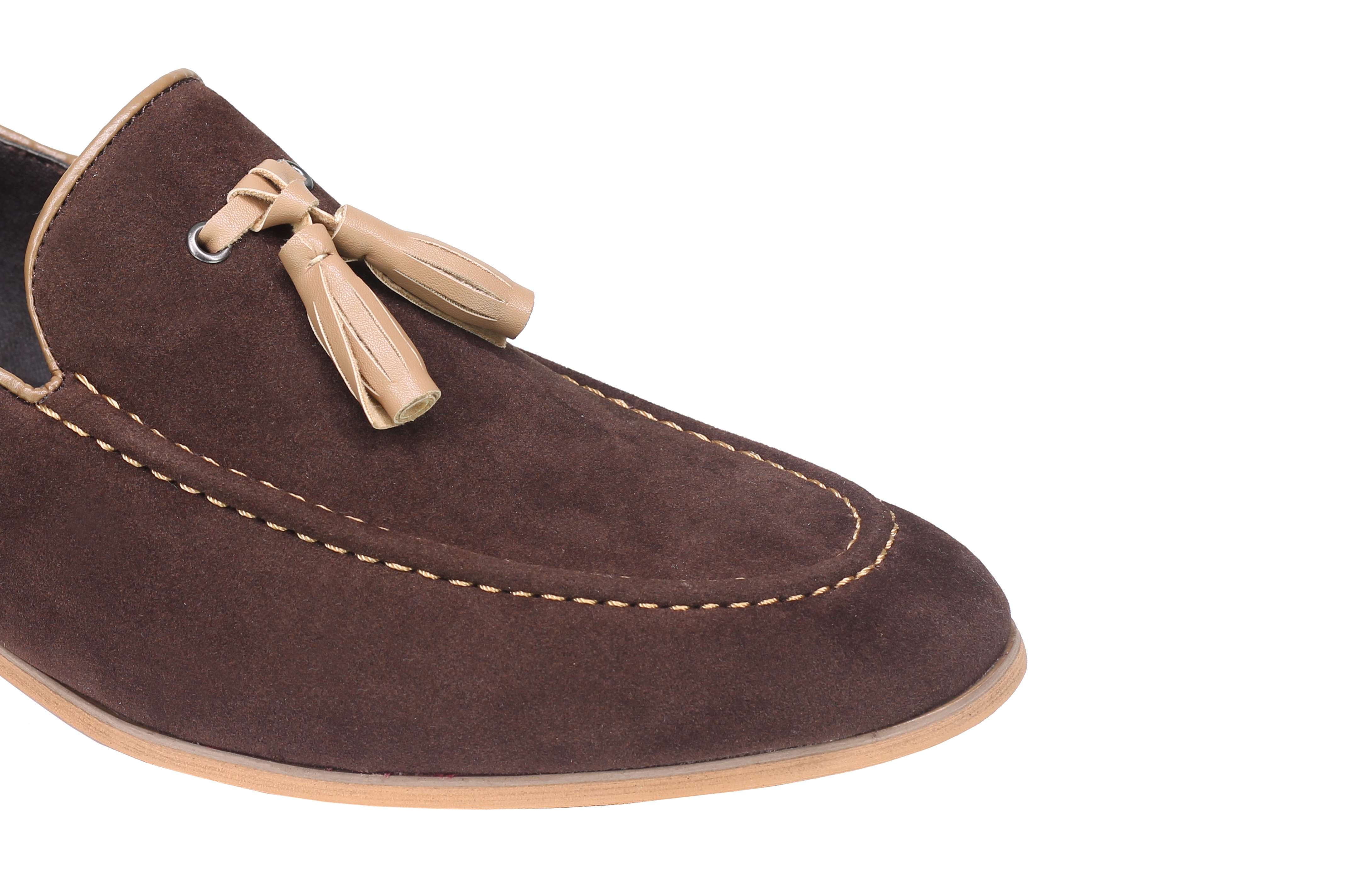 Mens Classic Retro Two Tone Leather Lined Slip on Suede Tassel Loafers Shoes