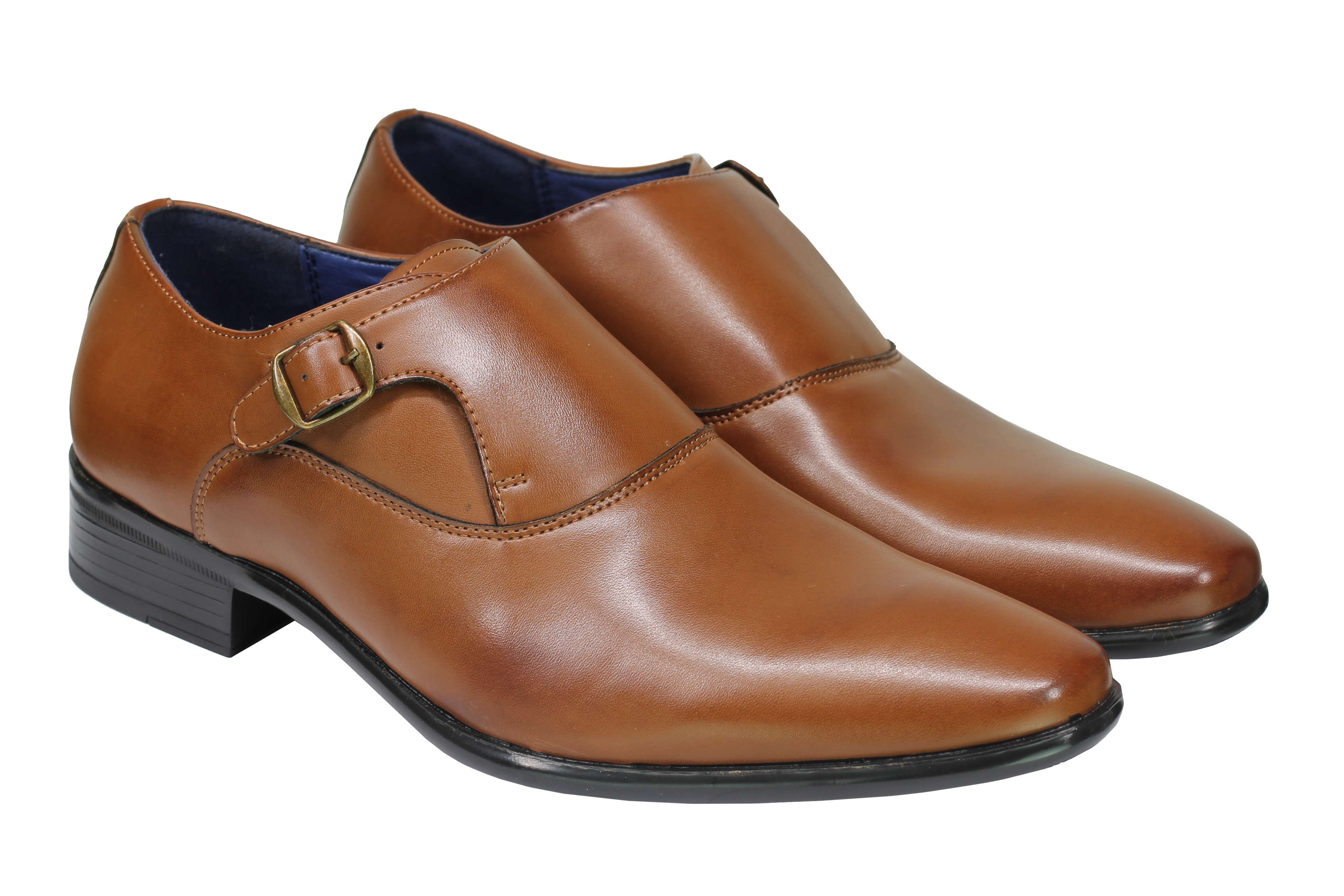 Mens Retro PU Leather Tan Brown Monk Strap Buckle Shoes Formal Slip on Loafers