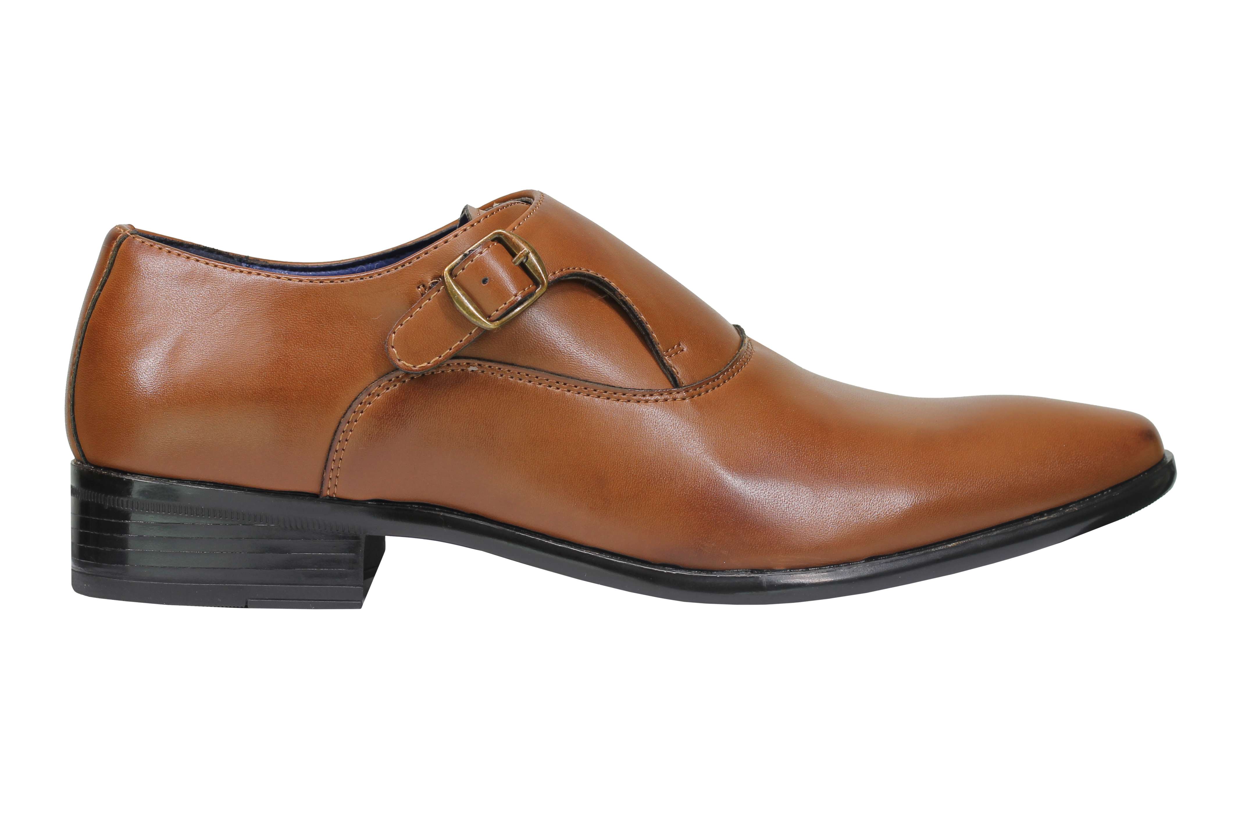 Mens Retro PU Leather Tan Brown Monk Strap Buckle Shoes Formal Slip on Loafers