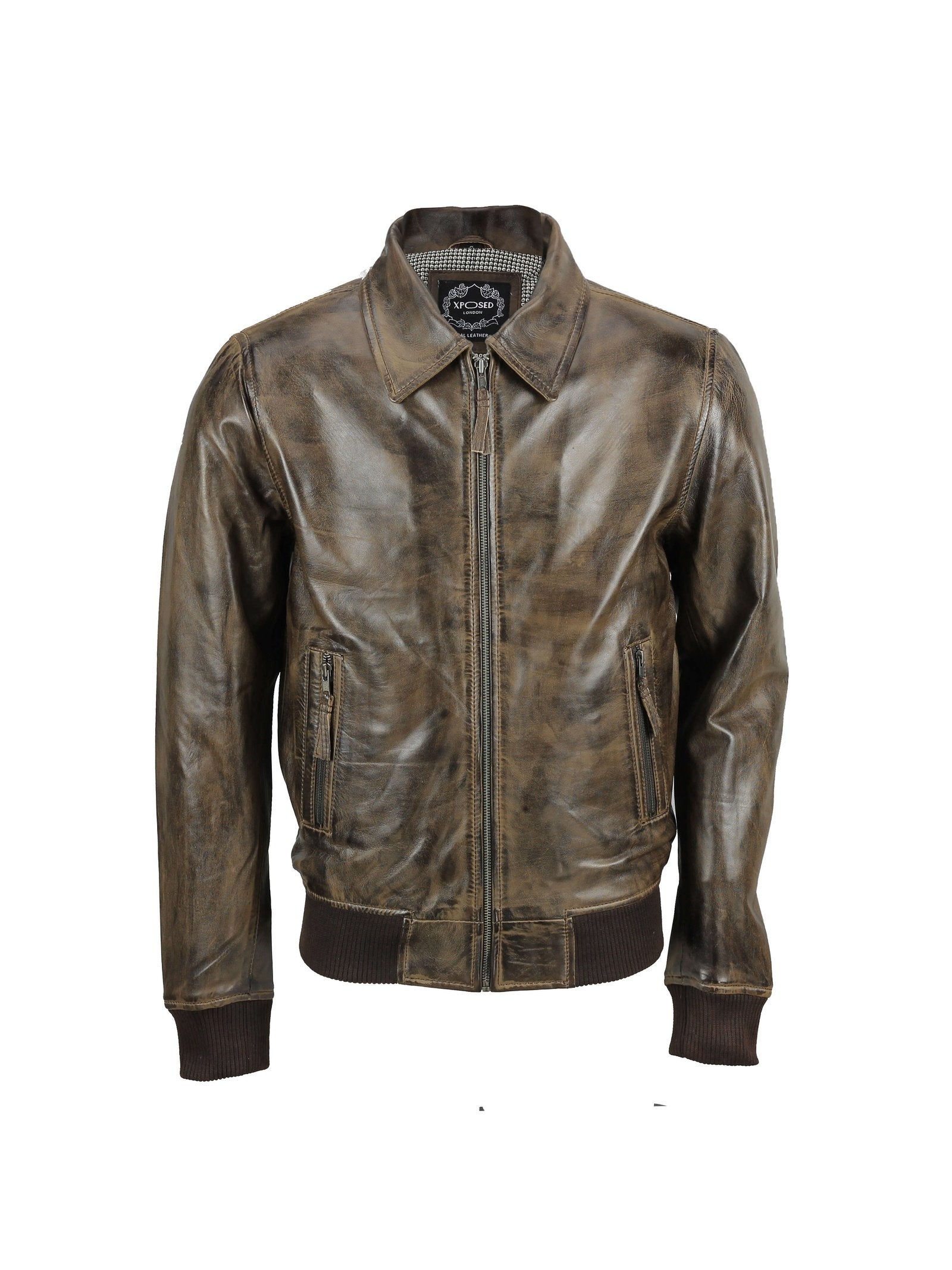 BOMBER COLLAR BIKER LEATHER JACKET IN BROWN