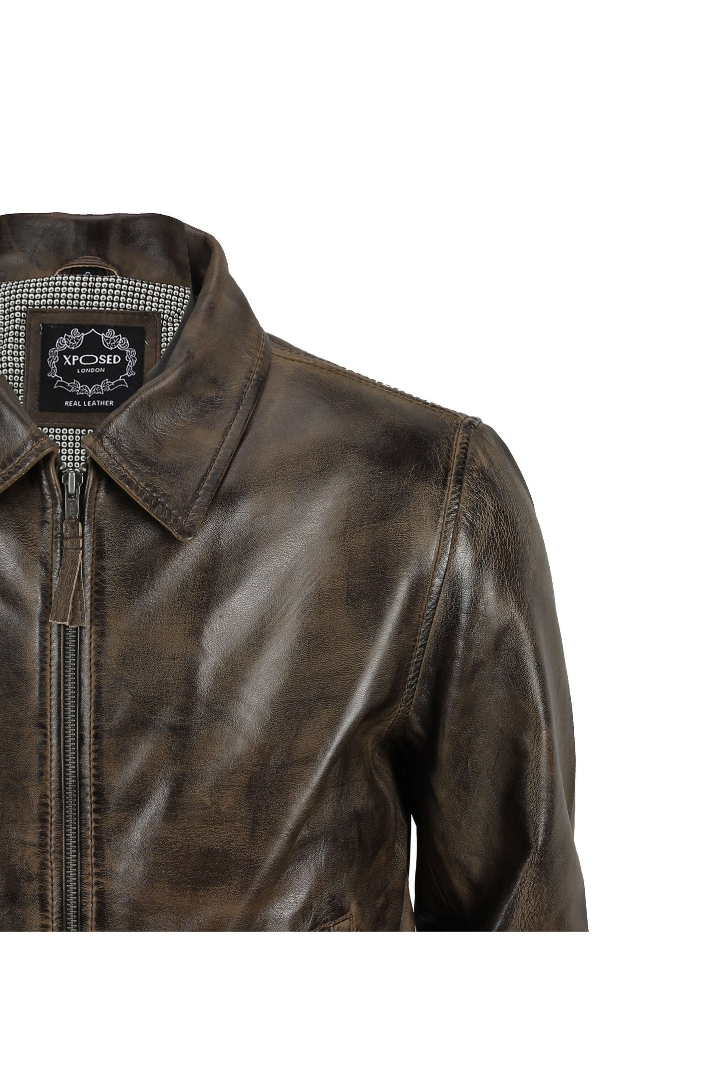 BOMBER COLLAR BIKER LEATHER JACKET IN BROWN