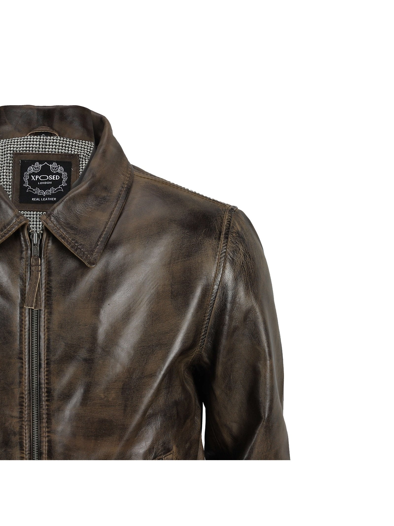 BOMBER COLLAR BIKER LEATHER JACKET IN BROWN