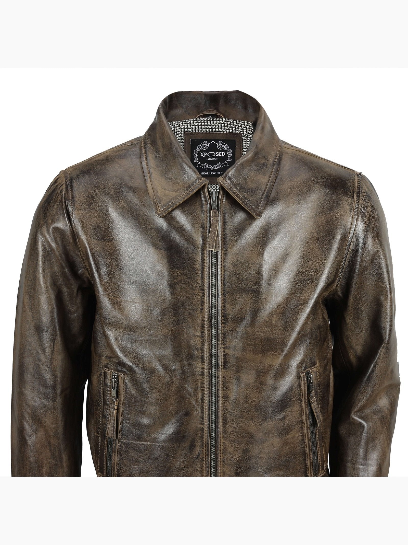 BOMBER COLLAR BIKER LEATHER JACKET IN BROWN