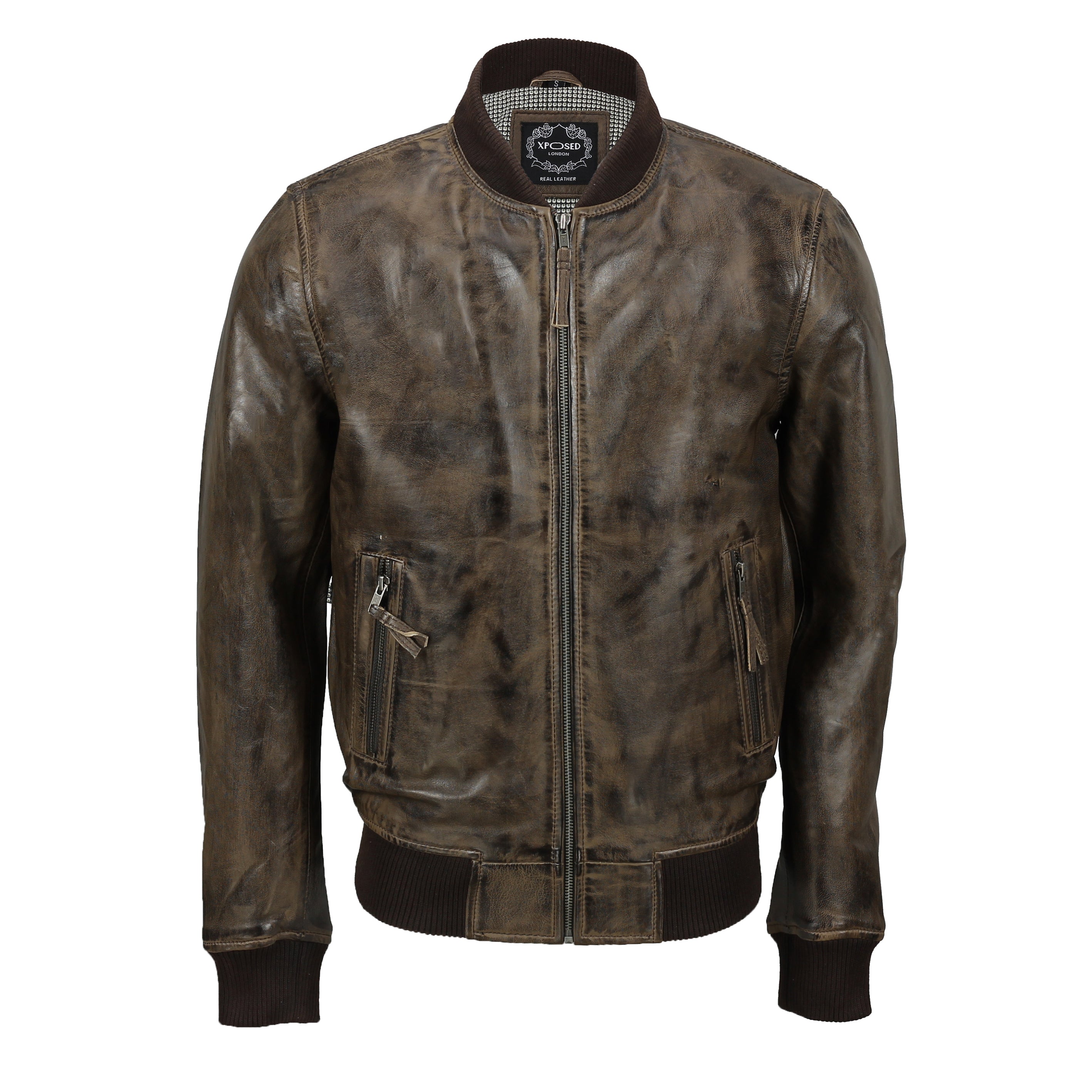 BOMBER NO COLLAR BROWN LEATHER JACKET