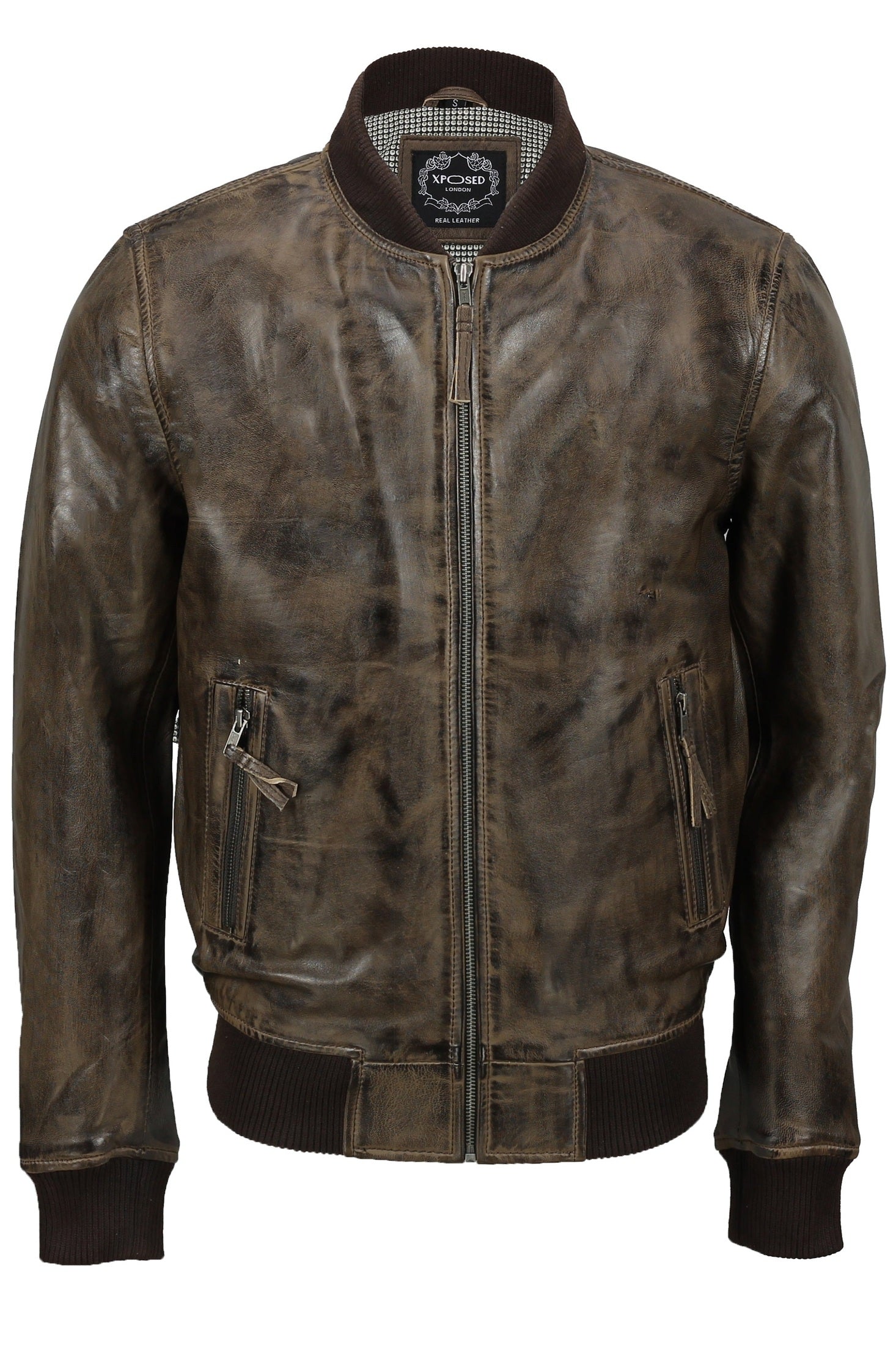 BOMBER NO COLLAR BROWN LEATHER JACKET