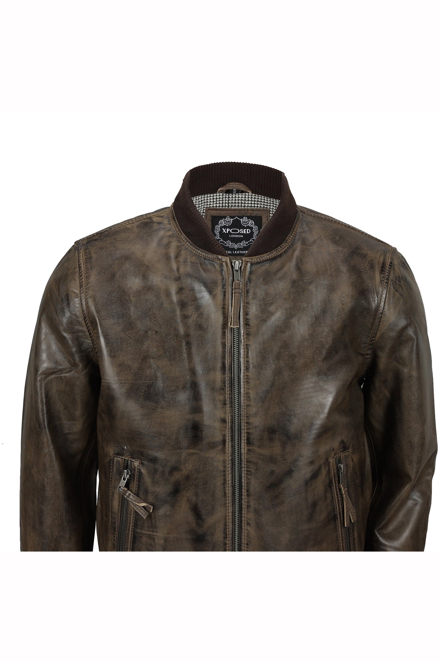 BOMBER NO COLLAR BROWN LEATHER JACKET