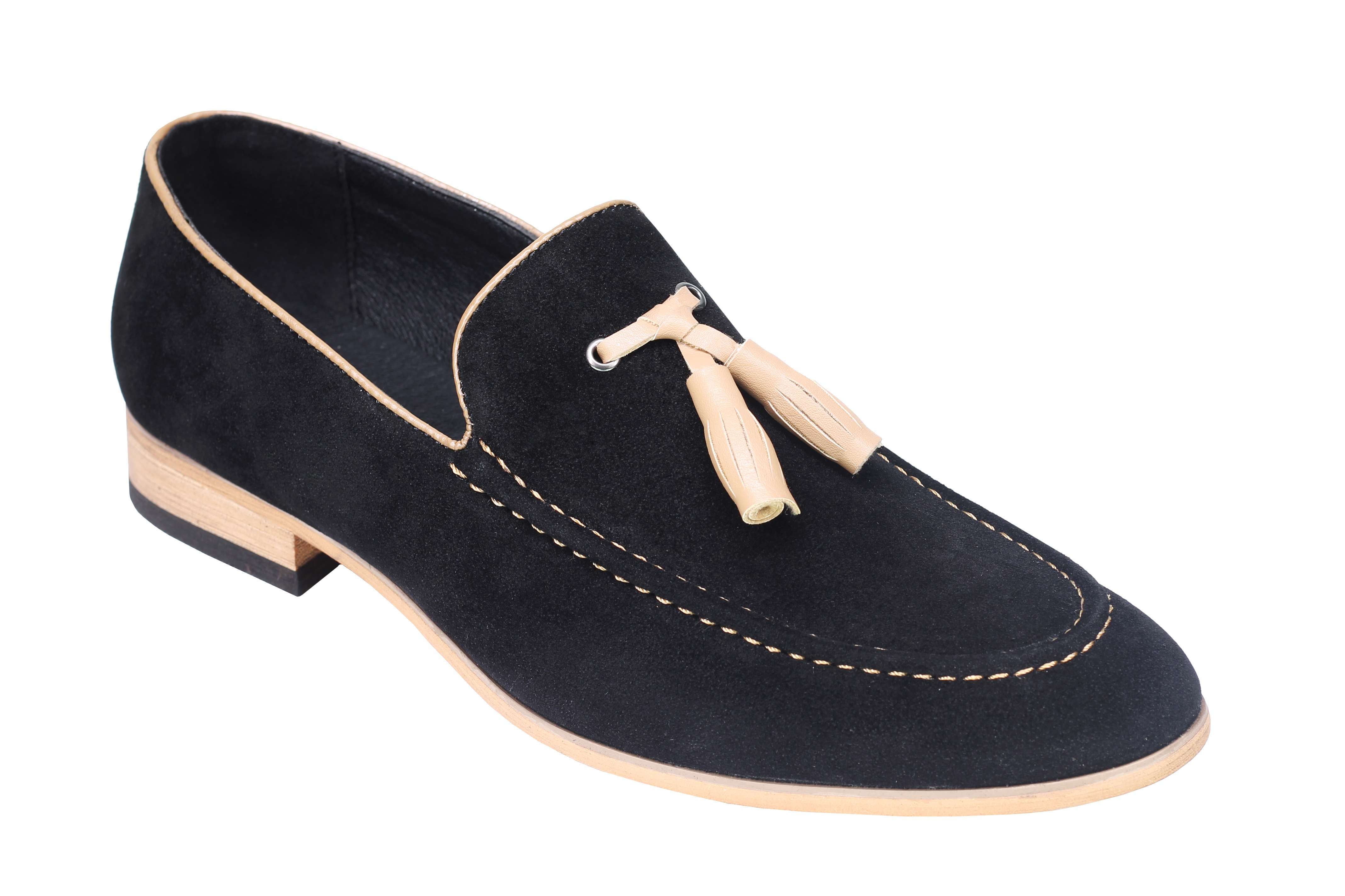 Mens Classic Retro Two Tone Leather Lined Slip on Suede Tassel Loafers Shoes