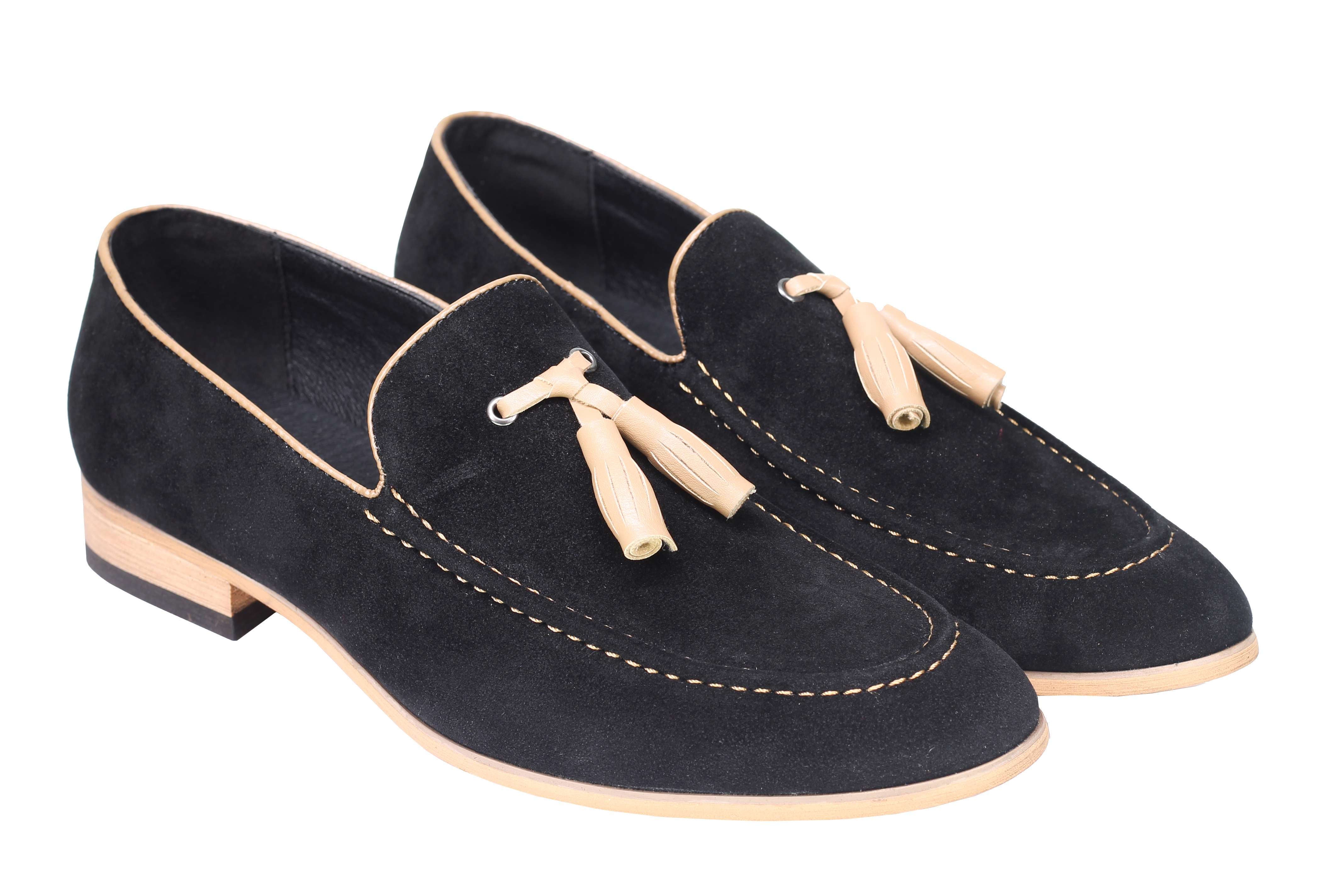 Mens Classic Retro Two Tone Leather Lined Slip on Suede Tassel Loafers Shoes