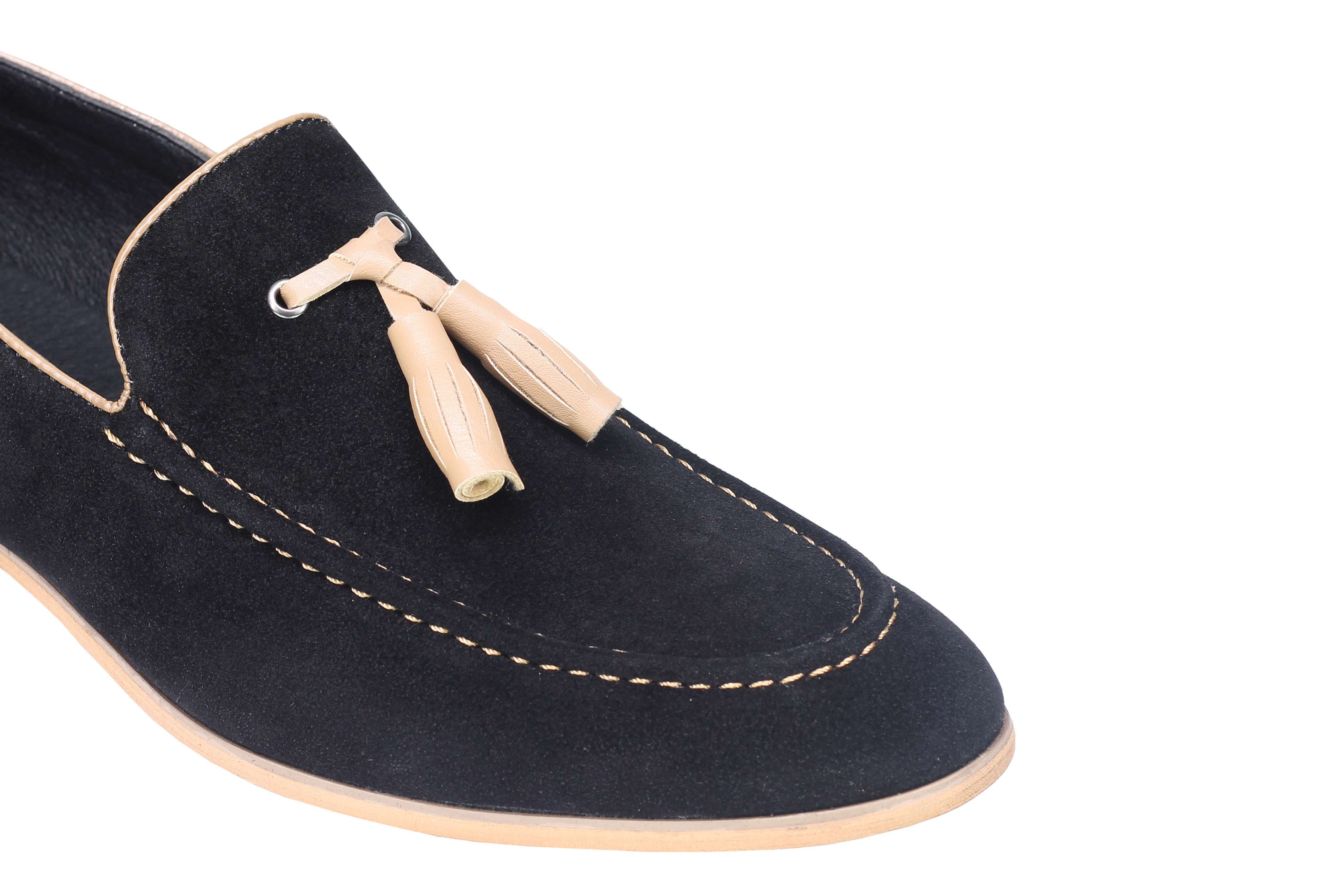 Mens Classic Retro Two Tone Leather Lined Slip on Suede Tassel Loafers Shoes