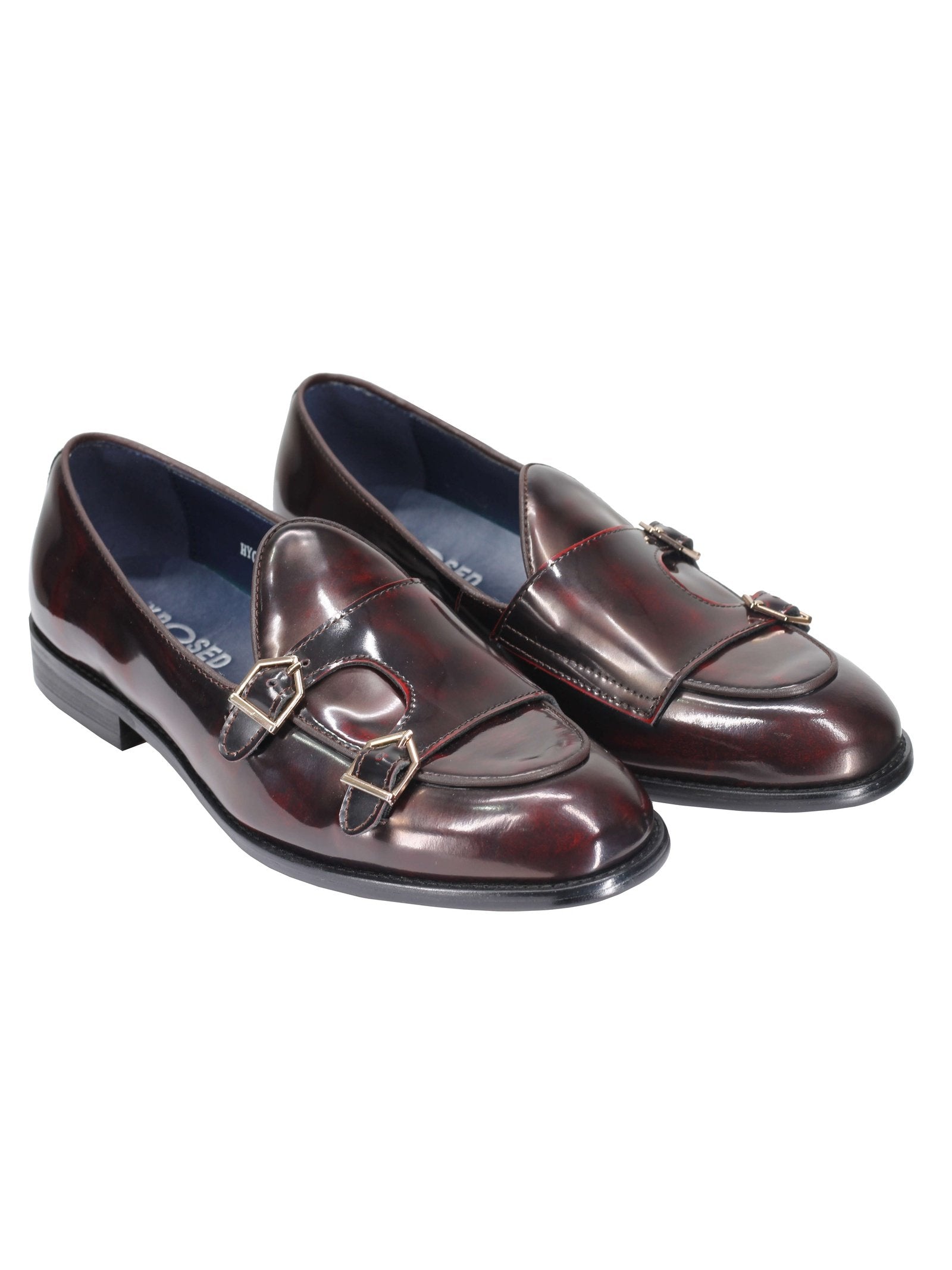 Mens Double Monk Loafers in Maroon Wine Patent Real Leather Slip on Shoes