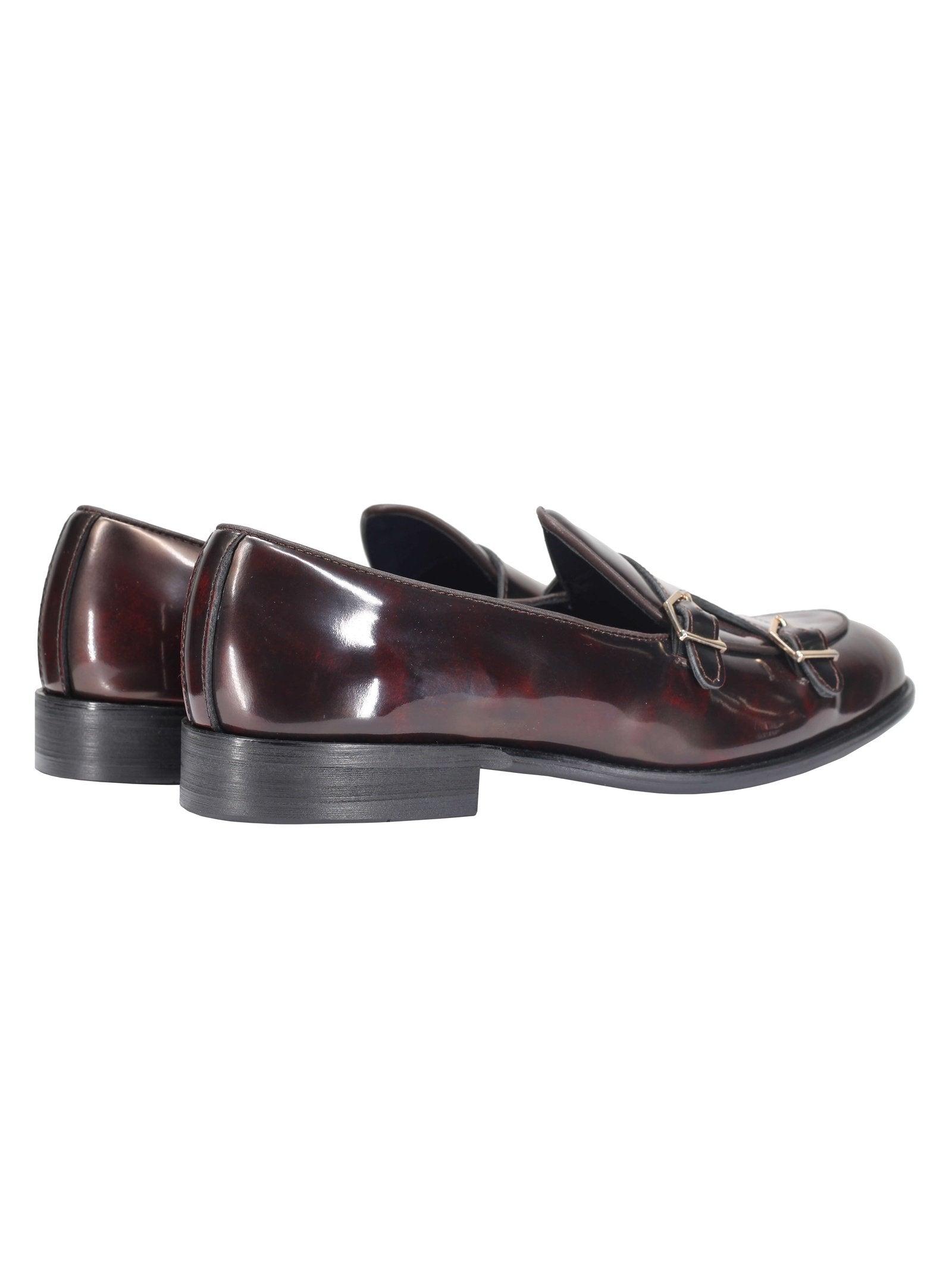 Mens Double Monk Loafers in Maroon Wine Patent Real Leather Slip on Shoes