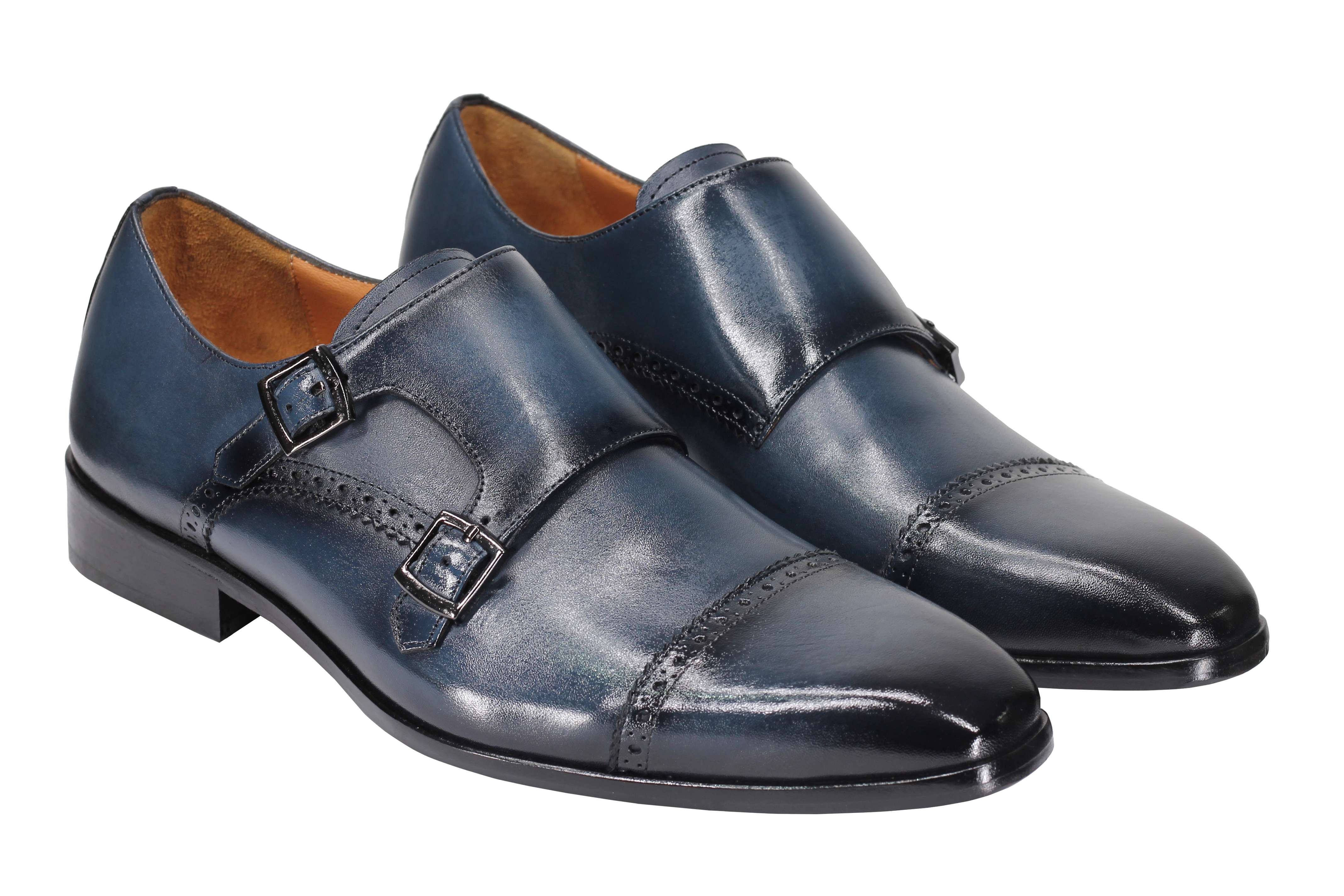 BLUE CALF LEATHER SEMI BROGUE MONK SHOES
