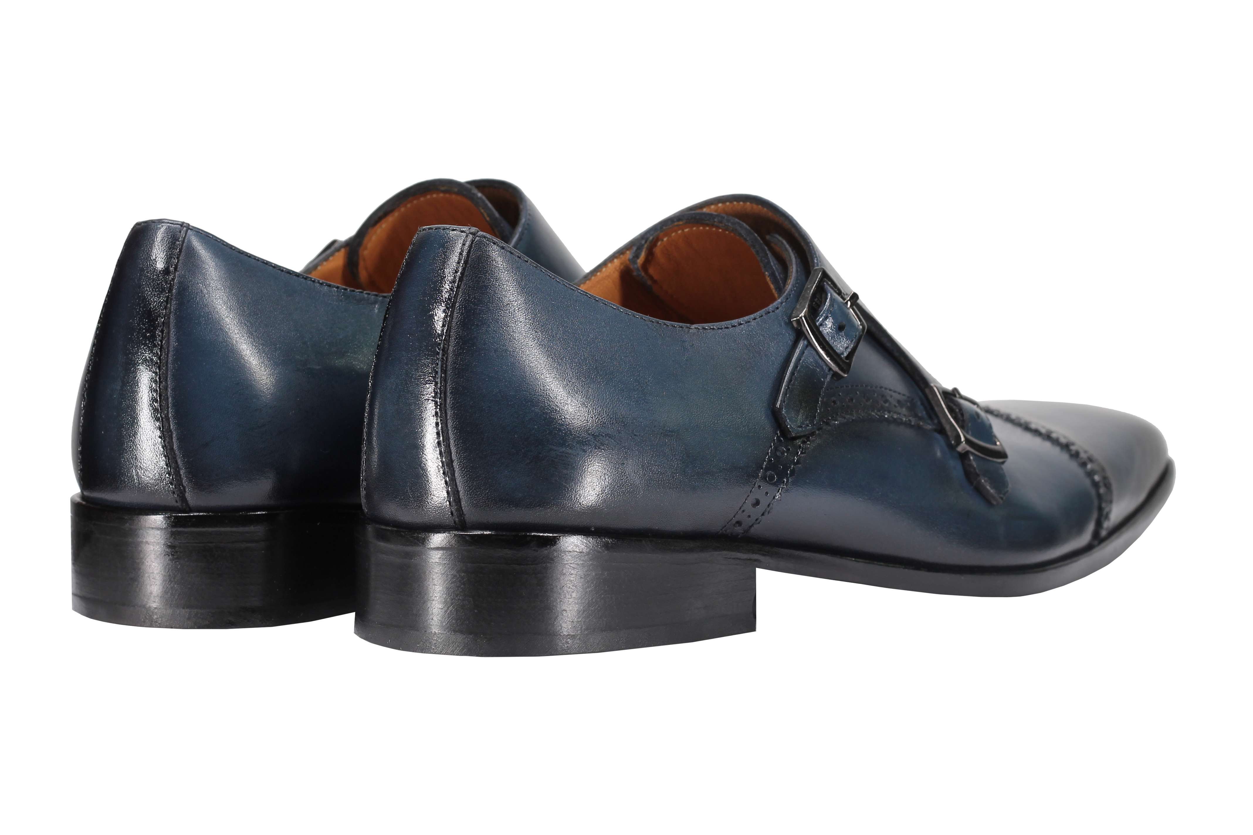 BLUE CALF LEATHER SEMI BROGUE MONK SHOES