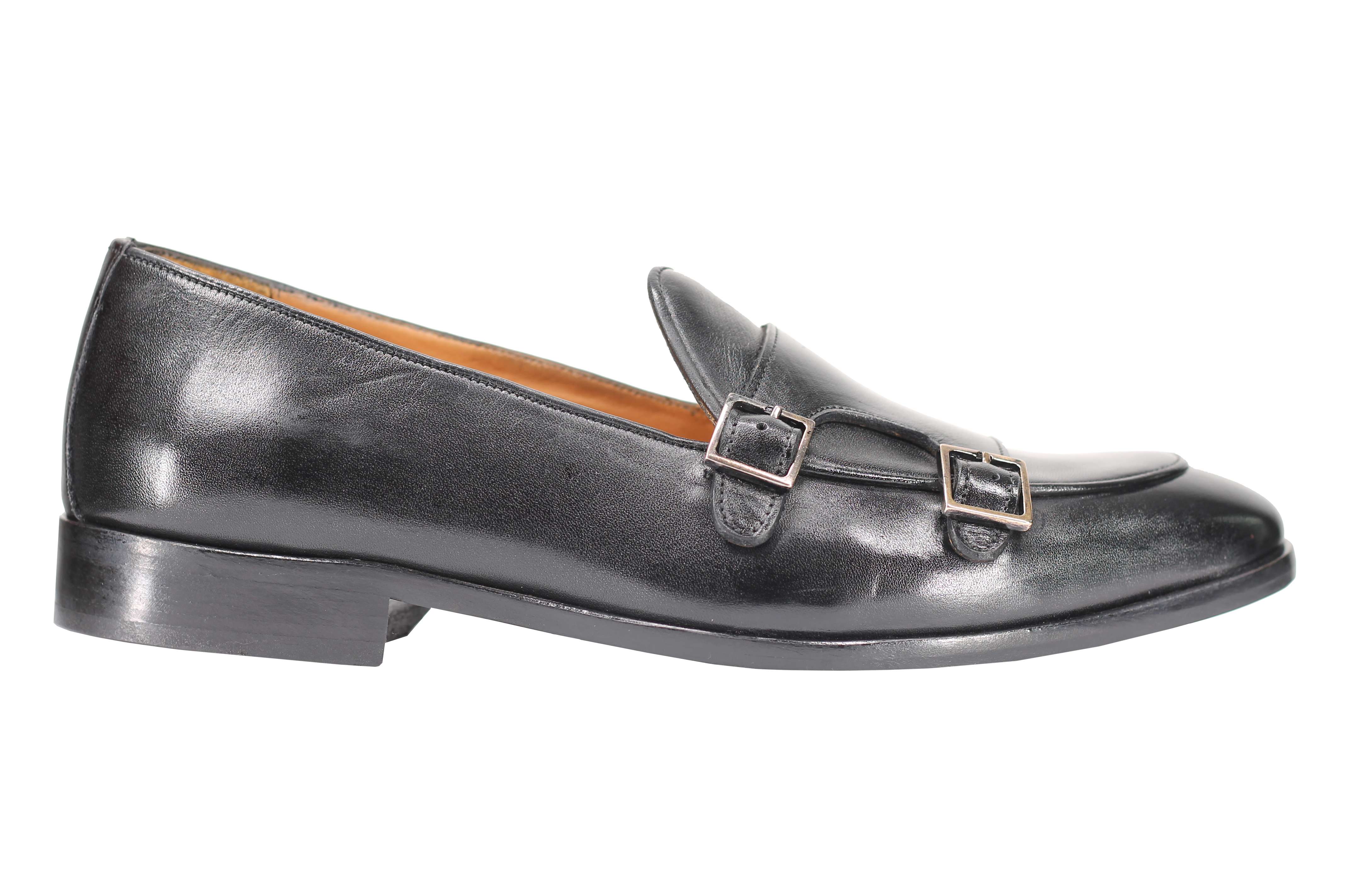 Black Calf Leather Double Monk Shoes