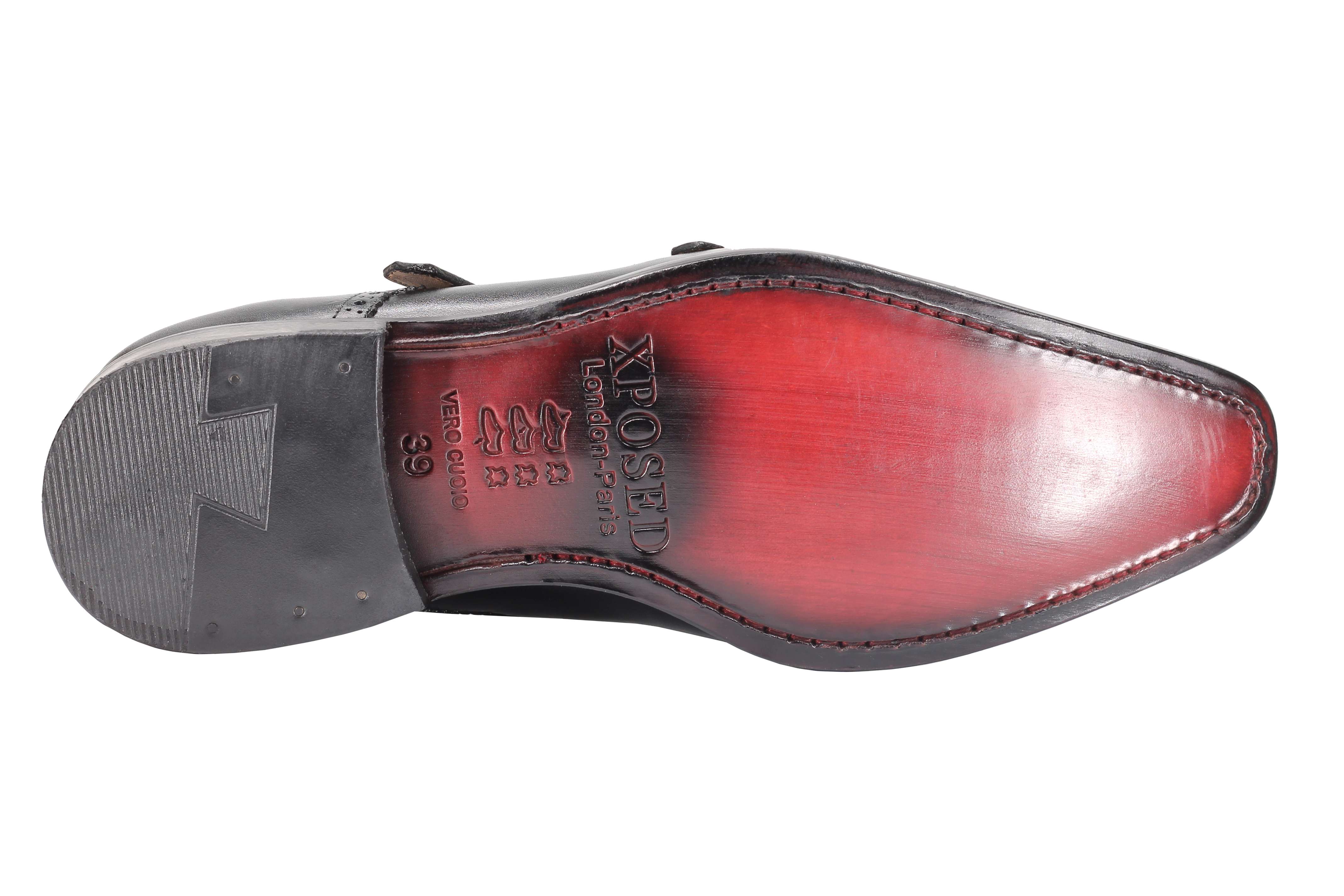 BLACK CALF LEATHER SEMI BROGUE MONK SHOES