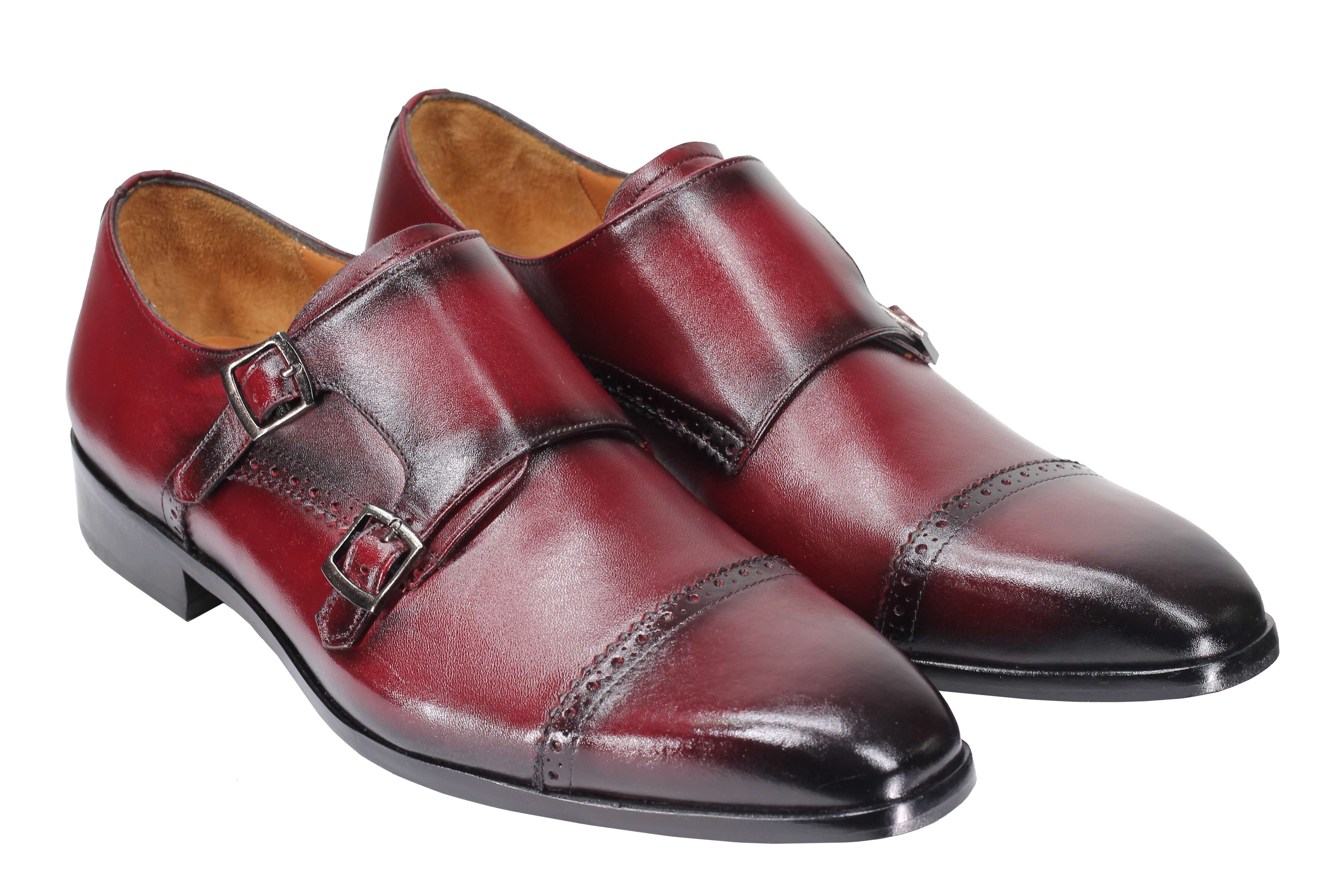 MAROON CALF LEATHER SEMI BROGUE MONK SHOES