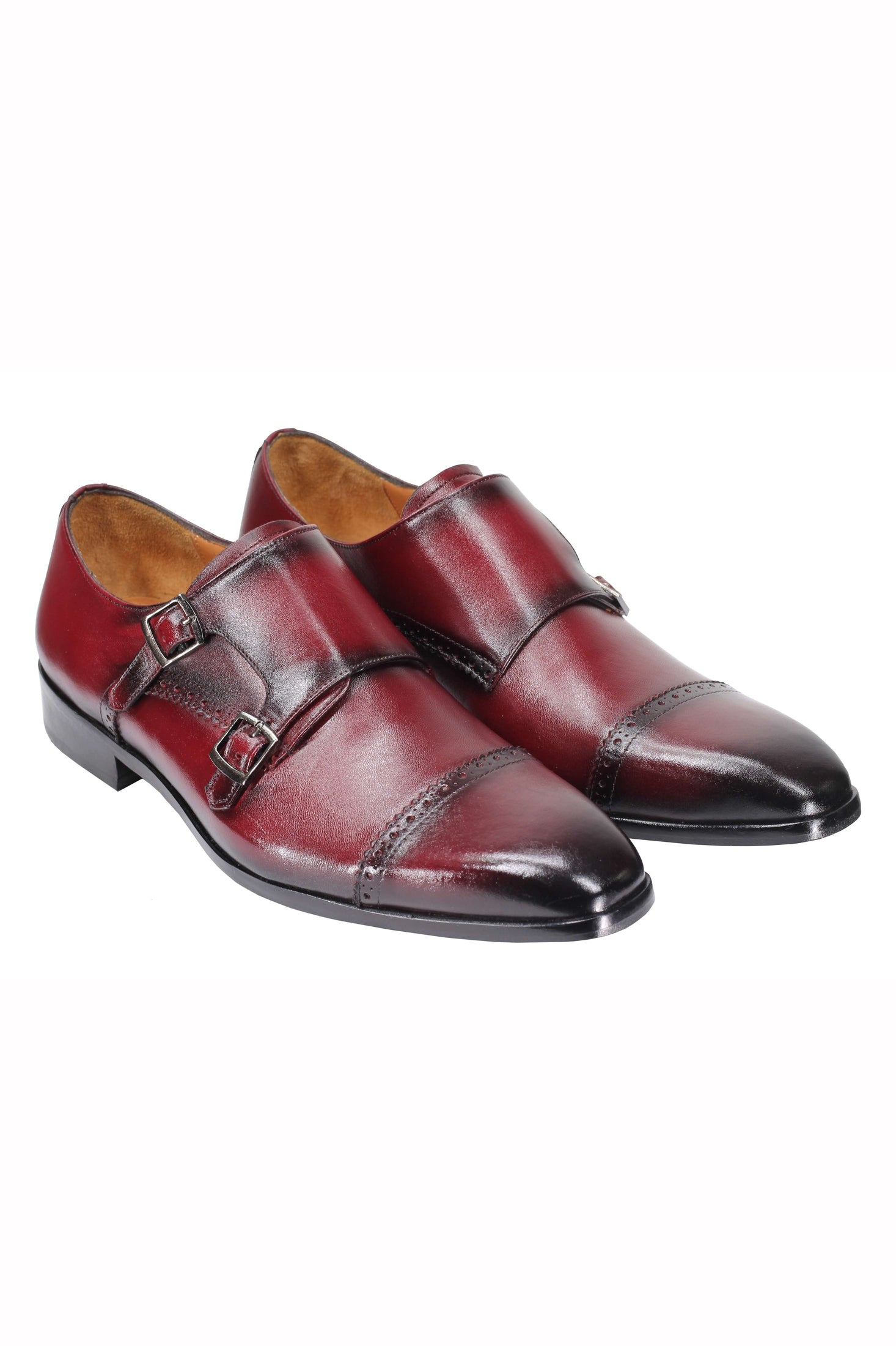 MAROON CALF LEATHER SEMI BROGUE MONK SHOES