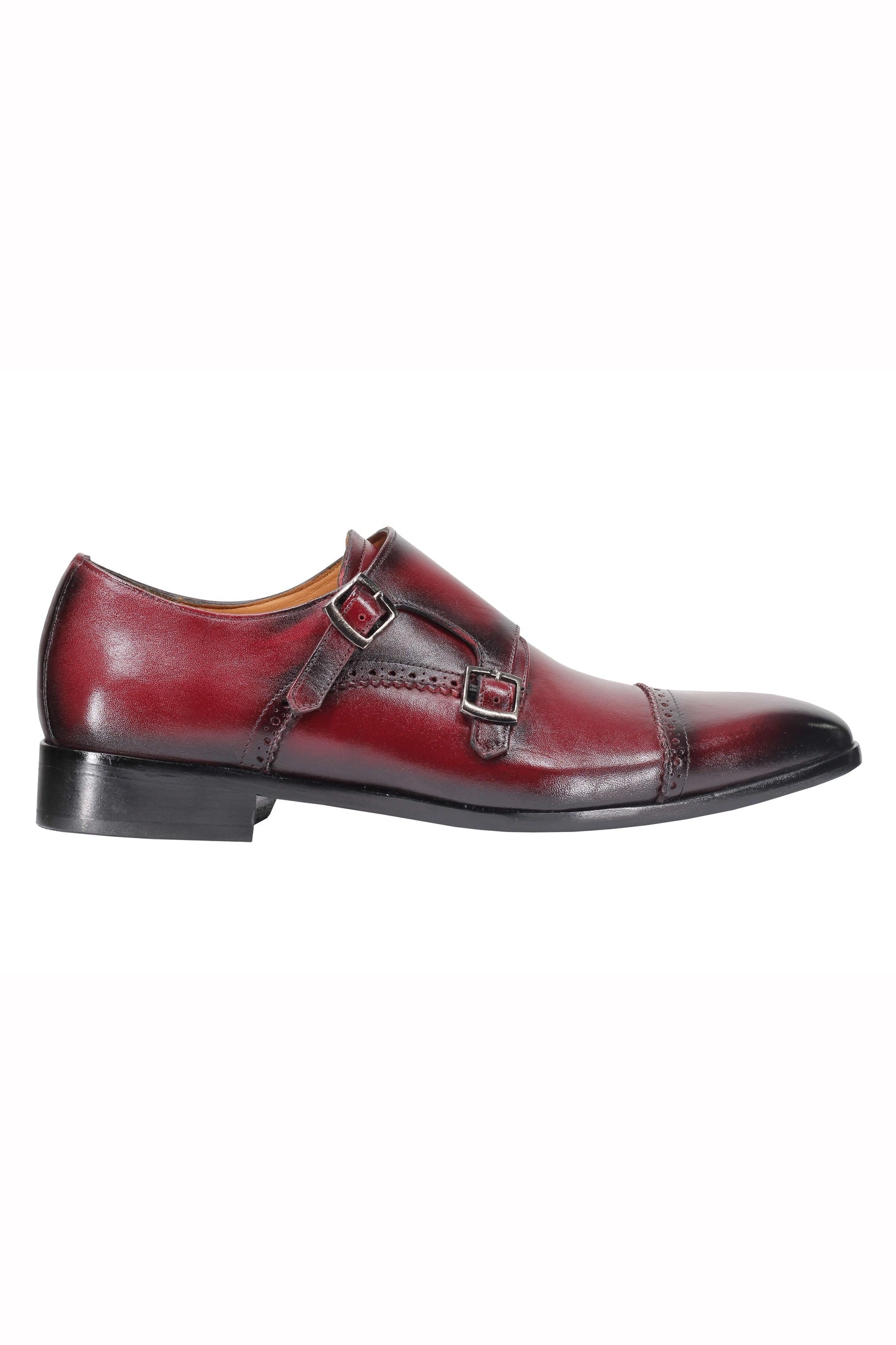 MAROON CALF LEATHER SEMI BROGUE MONK SHOES