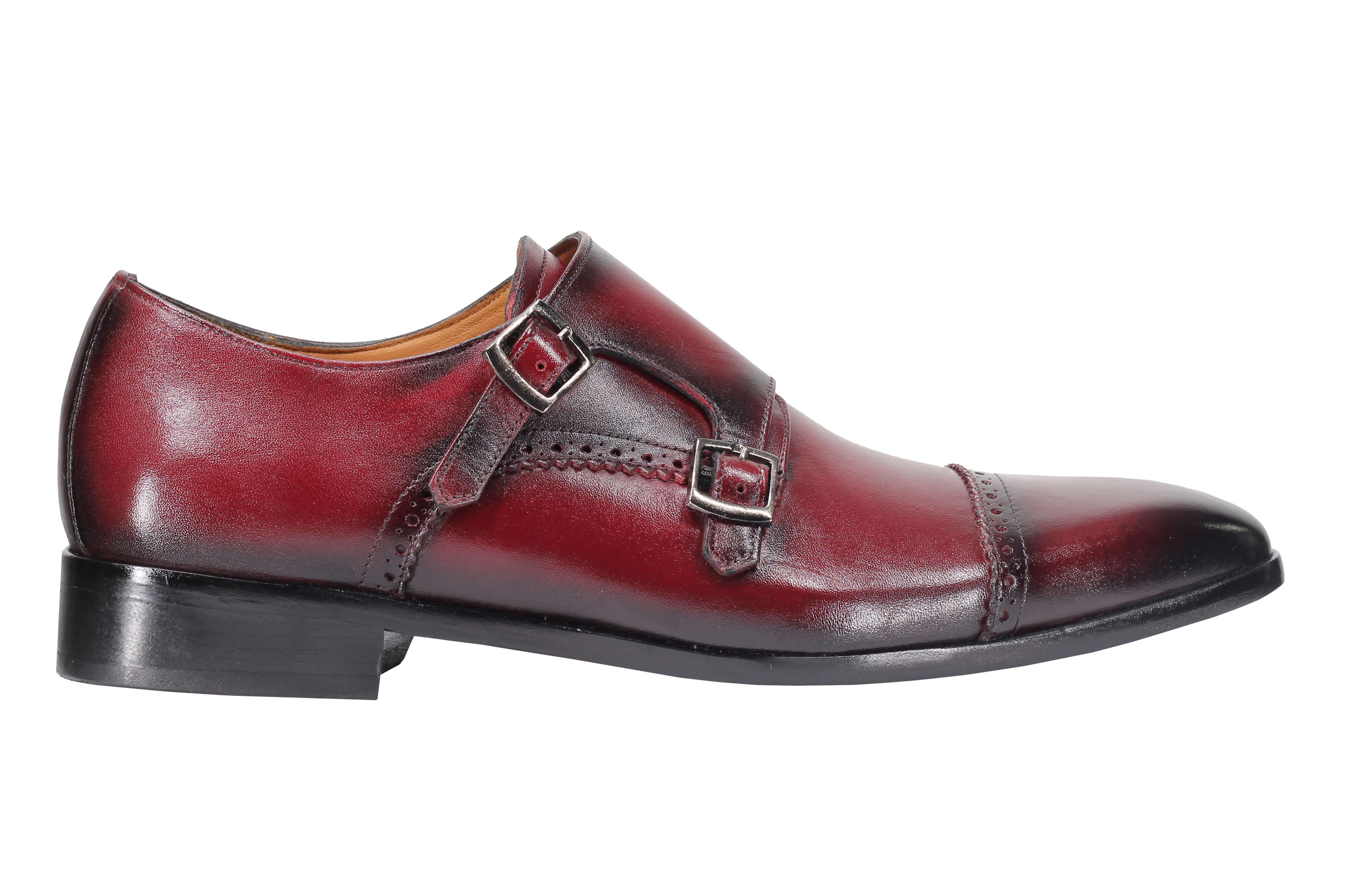 MAROON CALF LEATHER SEMI BROGUE MONK SHOES