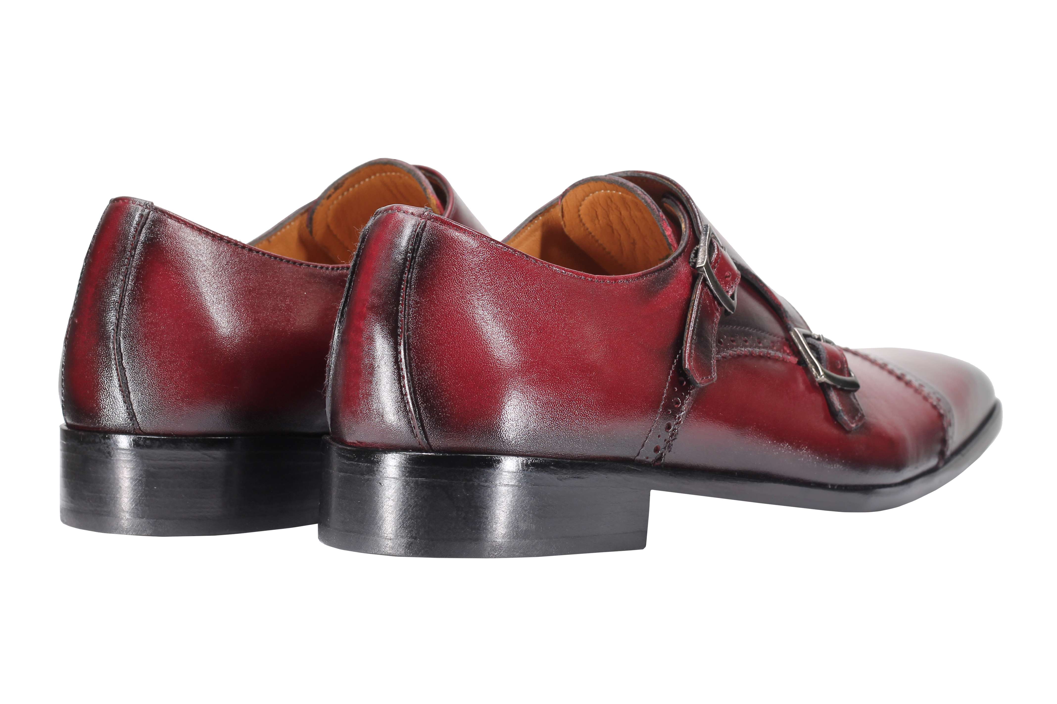 MAROON CALF LEATHER SEMI BROGUE MONK SHOES