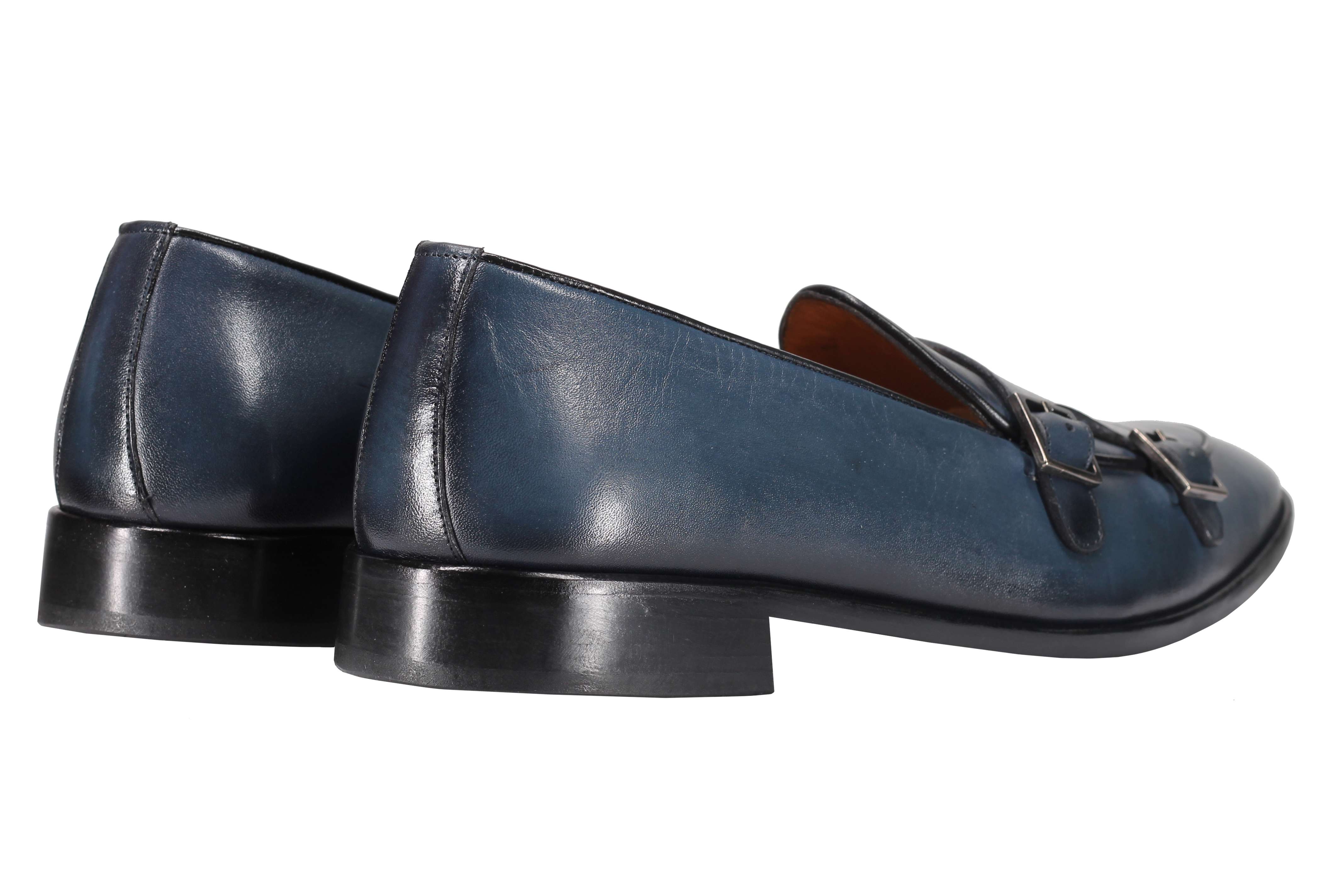 Blue Calf Leather Double Monk Loafers