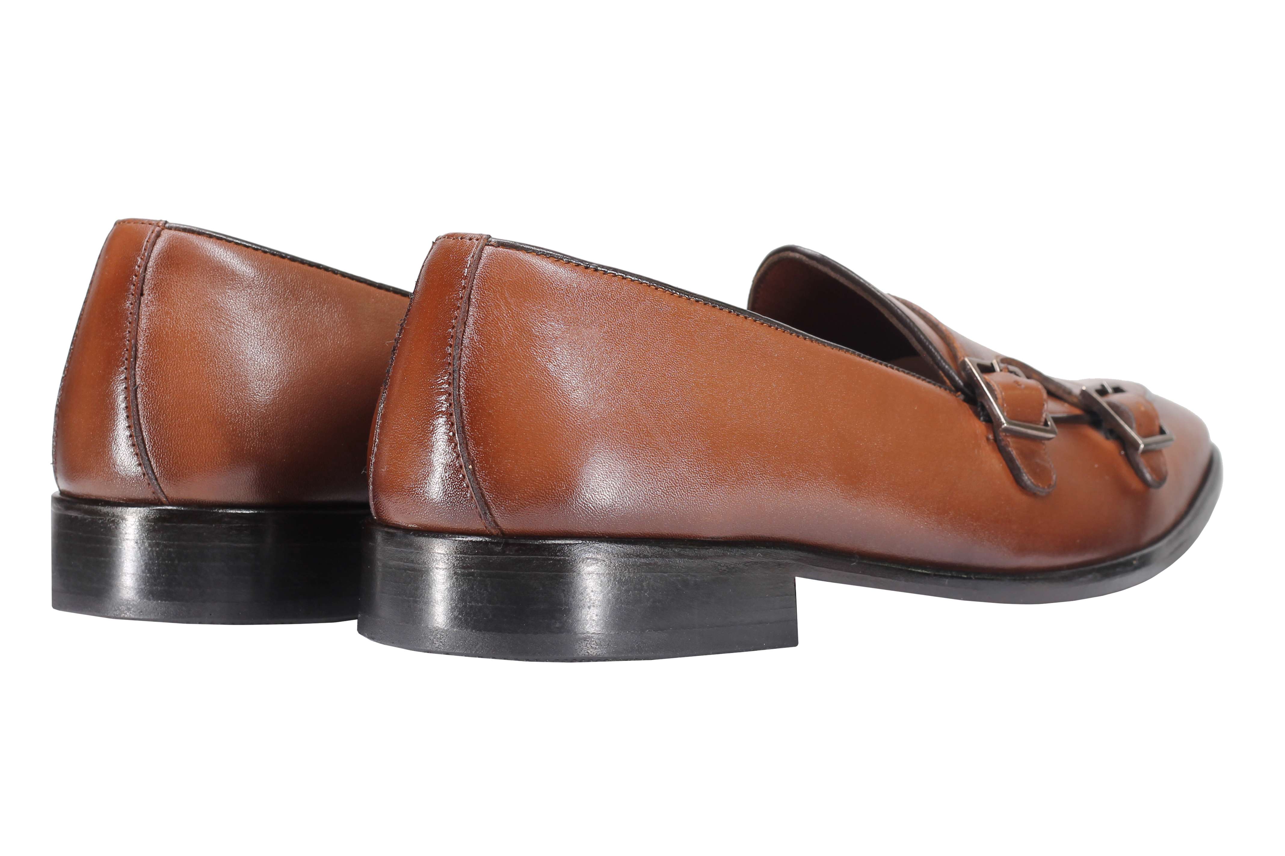 Tan Calf Leather Double Monk Shoes