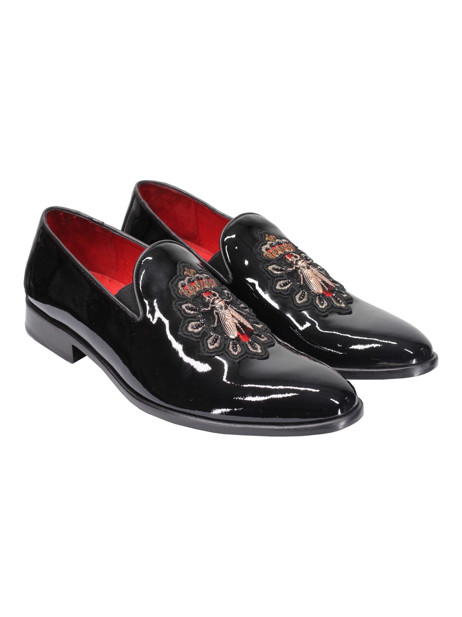 Mens Black Patent Loafers Embroidery Crown & Bee Baroque Real Leather Sole Shoes