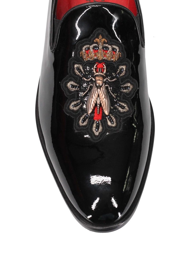 Mens Black Patent Loafers Embroidery Crown & Bee Baroque Real Leather Sole Shoes