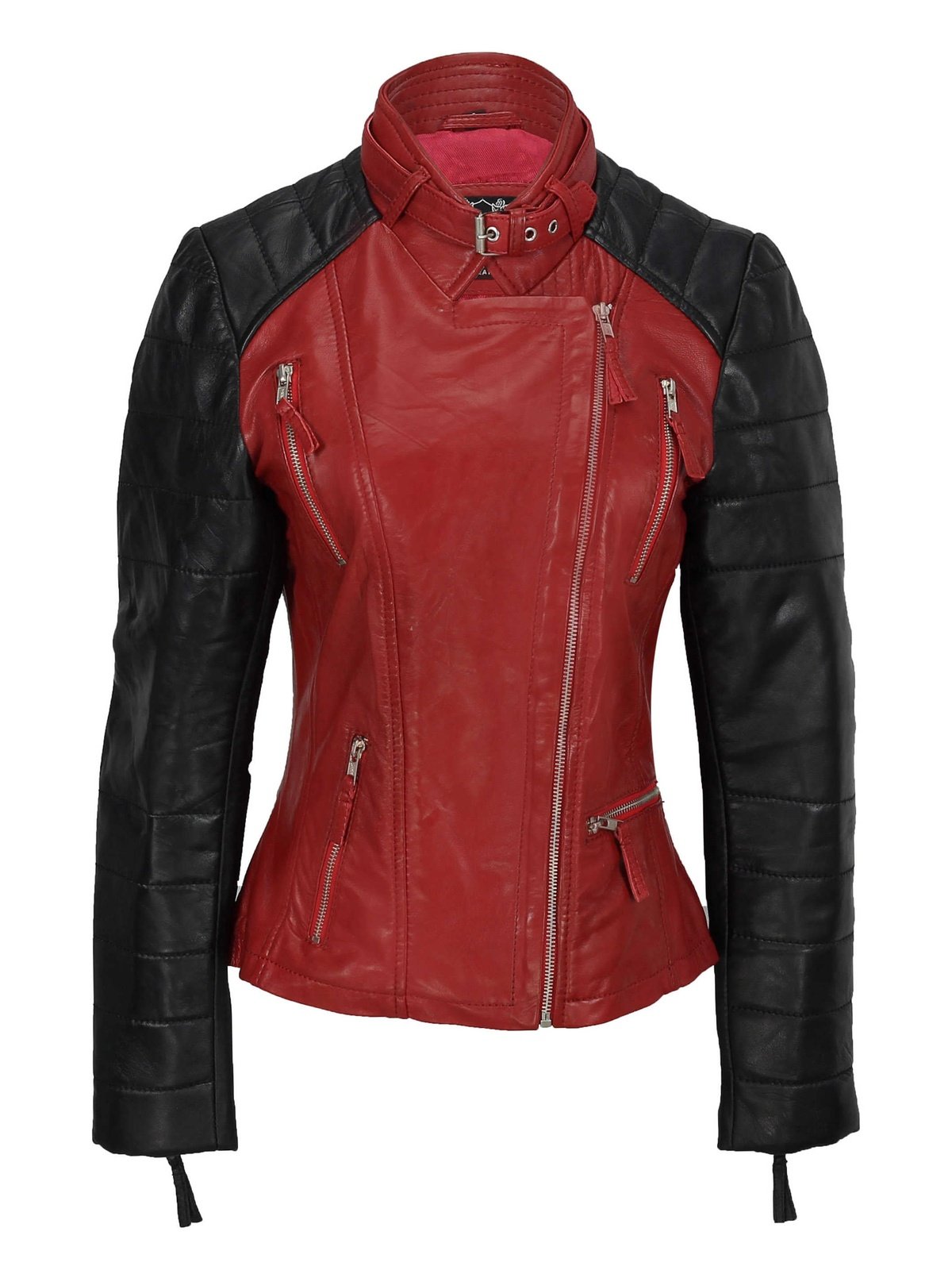 New Ladies Black Red Vintage Soft Genuine Real Leather Biker Jacket Size Fitted