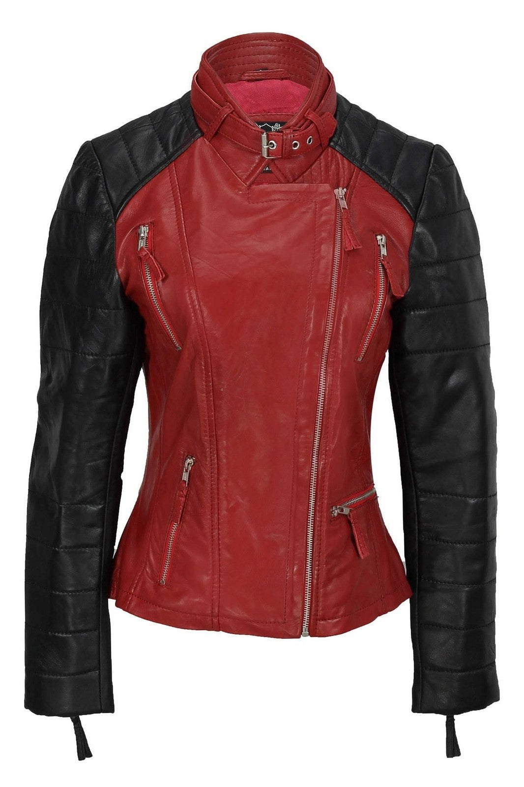 New Ladies Black Red Vintage Soft Genuine Real Leather Biker Jacket Size Fitted