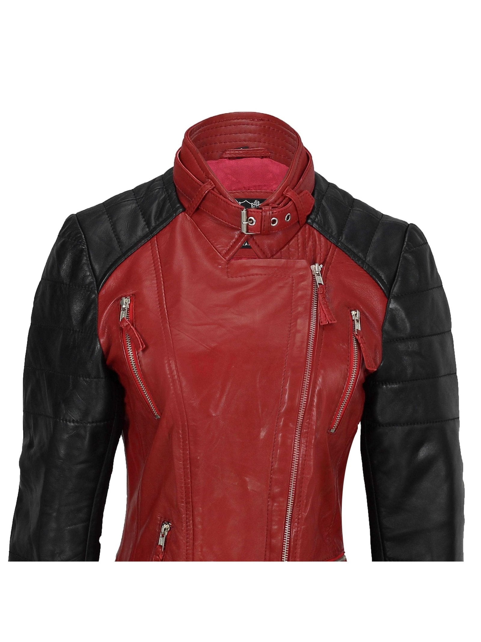New Ladies Black Red Vintage Soft Genuine Real Leather Biker Jacket Size Fitted