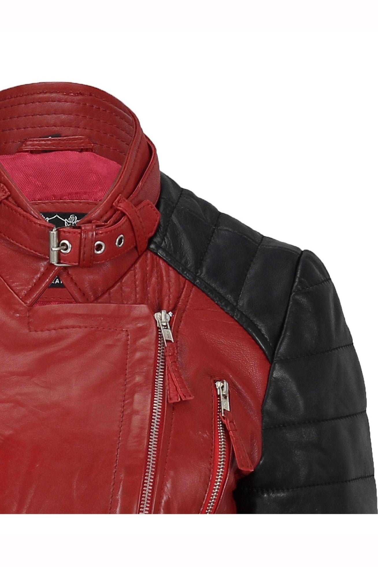 New Ladies Black Red Vintage Soft Genuine Real Leather Biker Jacket Size Fitted