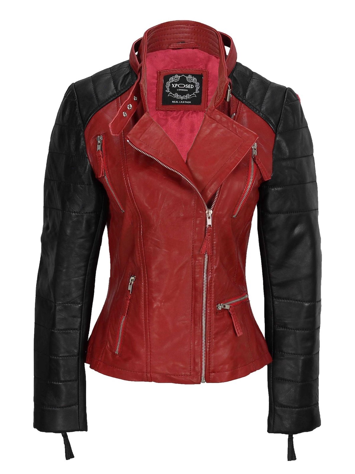 New Ladies Black Red Vintage Soft Genuine Real Leather Biker Jacket Size Fitted