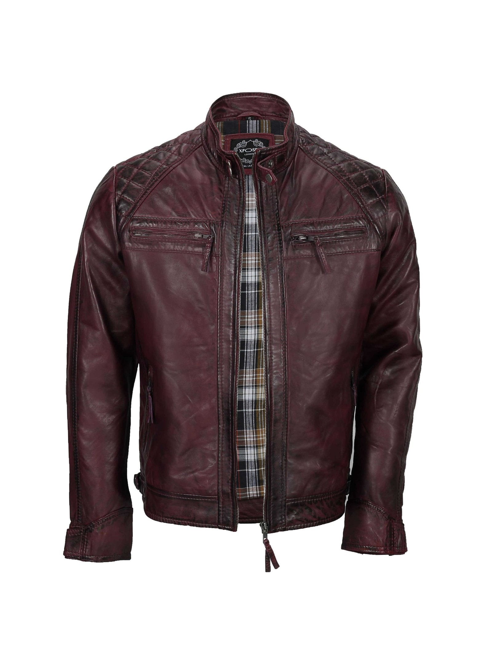 Mens Real Leather Antiqued Wash Wine Maroon Vintage Slim Fit Biker Style Jacket