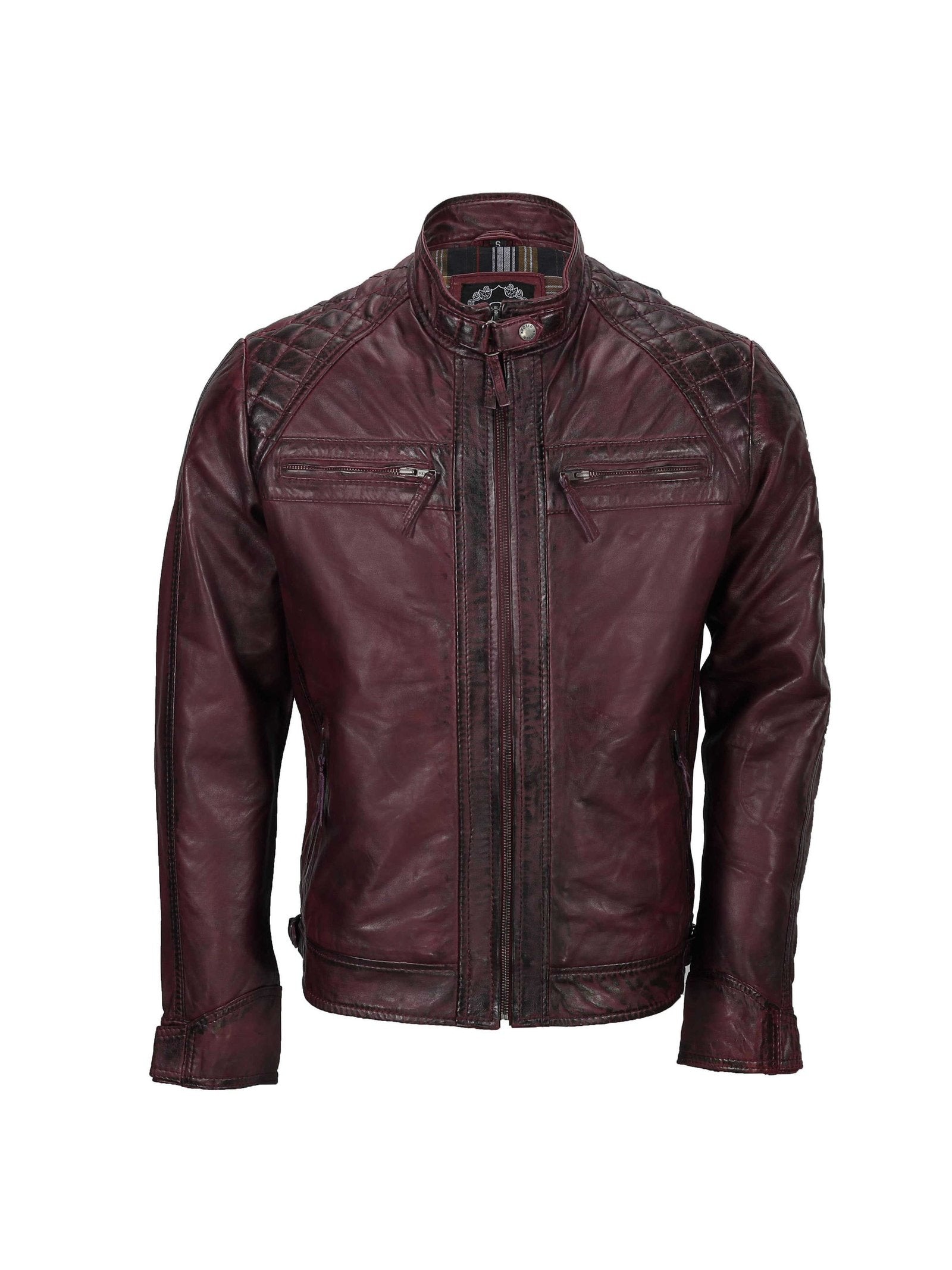 Mens Real Leather Antiqued Wash Wine Maroon Vintage Slim Fit Biker Style Jacket