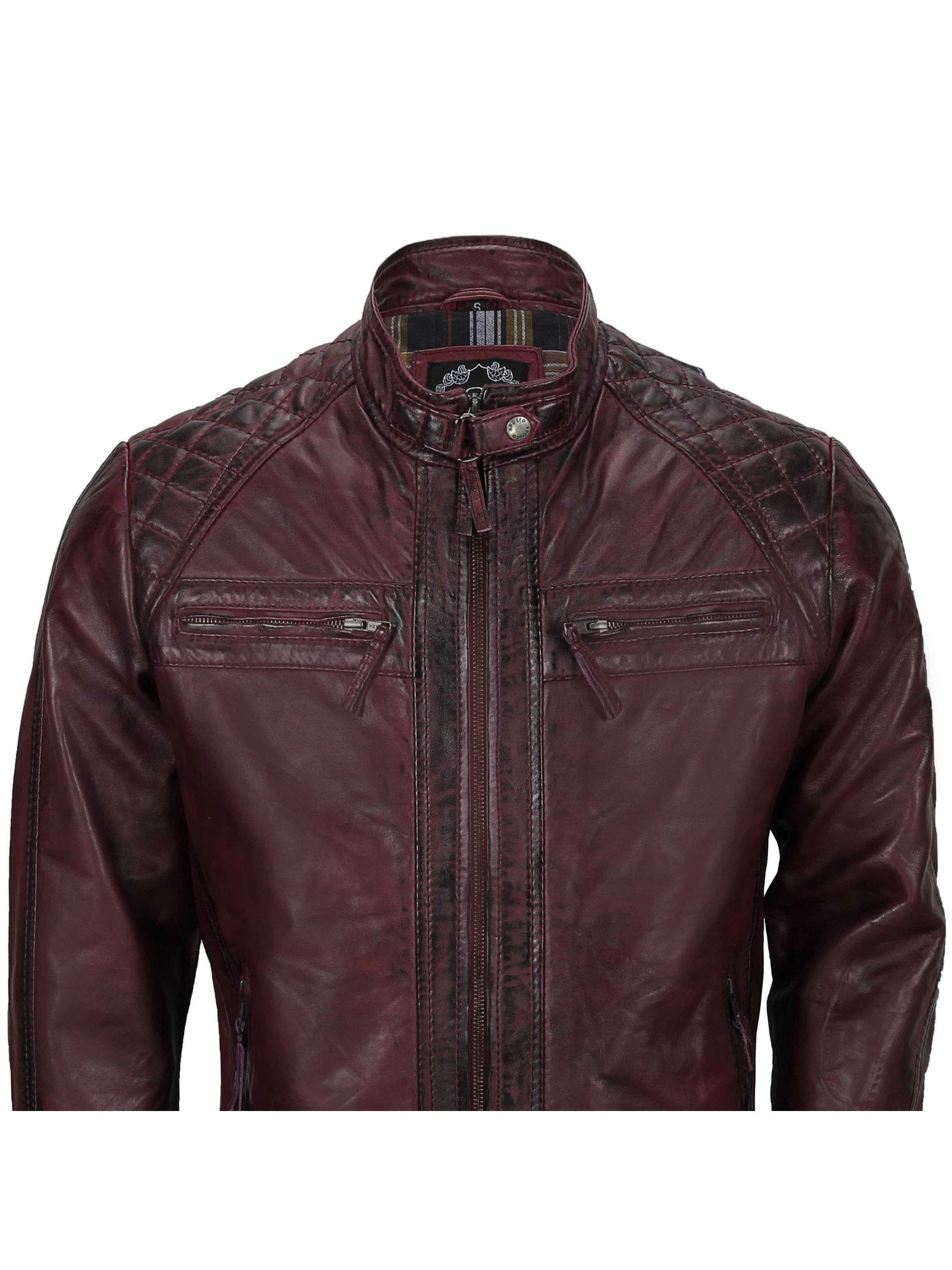 Mens Real Leather Antiqued Wash Wine Maroon Vintage Slim Fit Biker Style Jacket