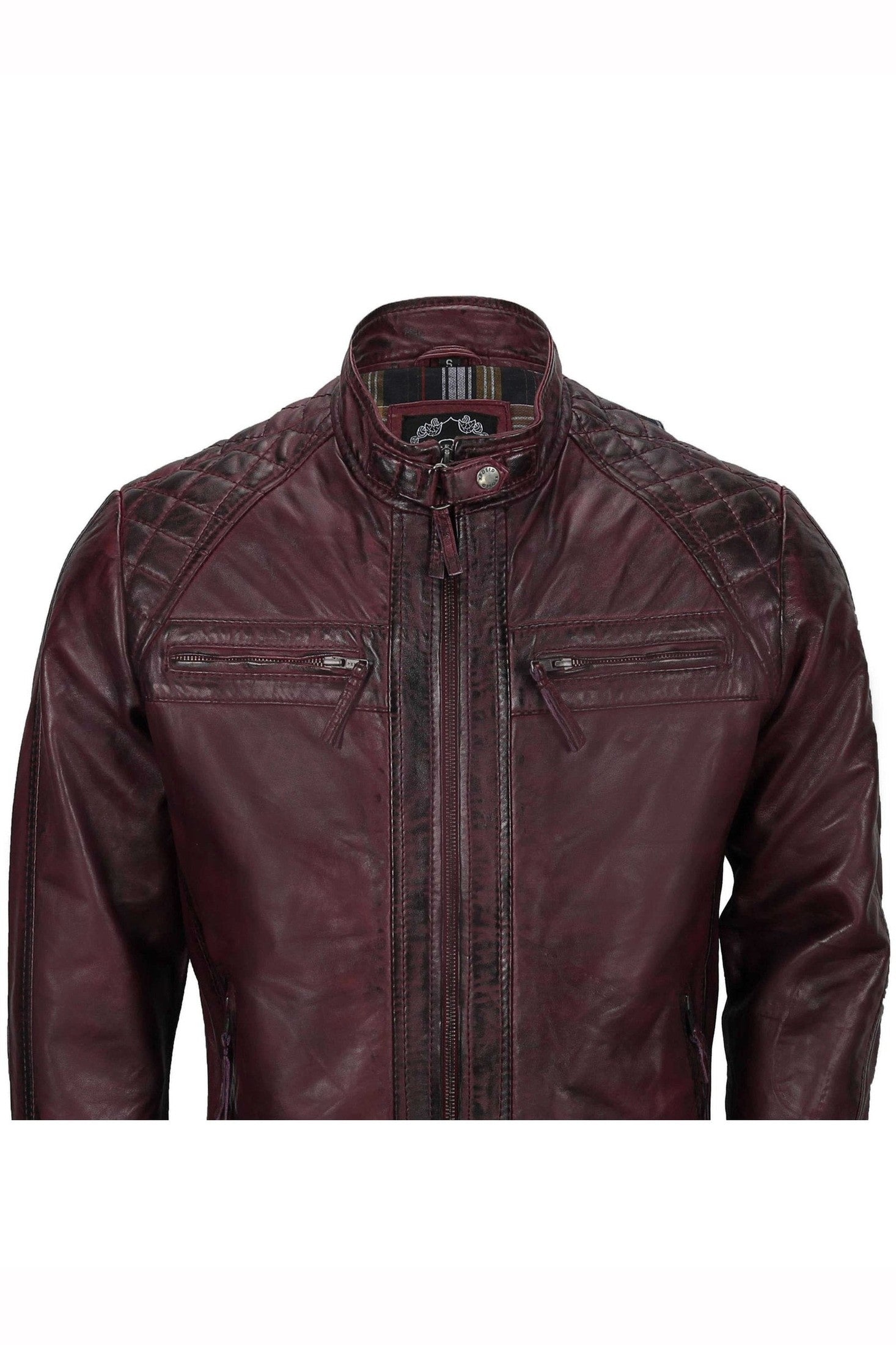 Mens Real Leather Antiqued Wash Wine Maroon Vintage Slim Fit Biker Style Jacket